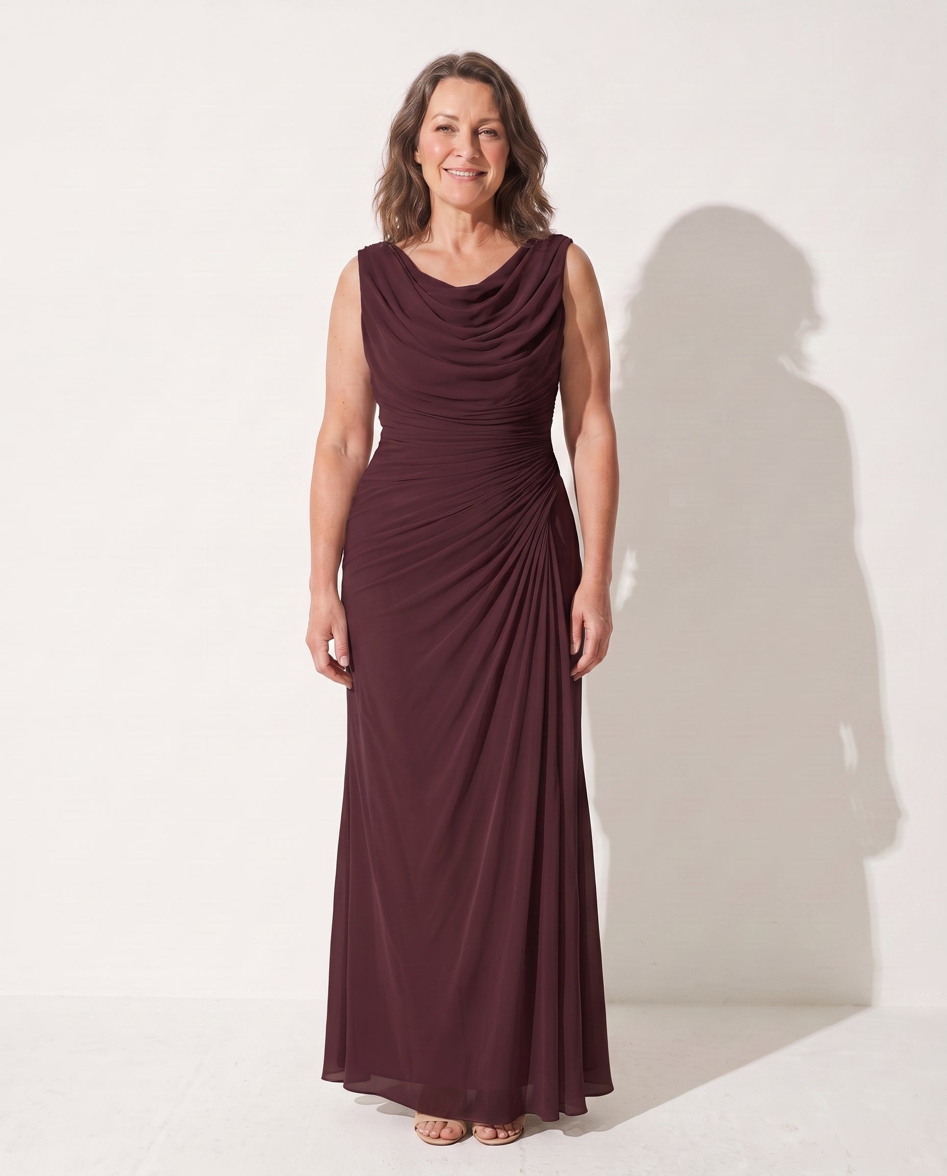 Vivienne | Long Sleeve Wedding Guest Dresses Cowl Neck Maxi — Burgundy