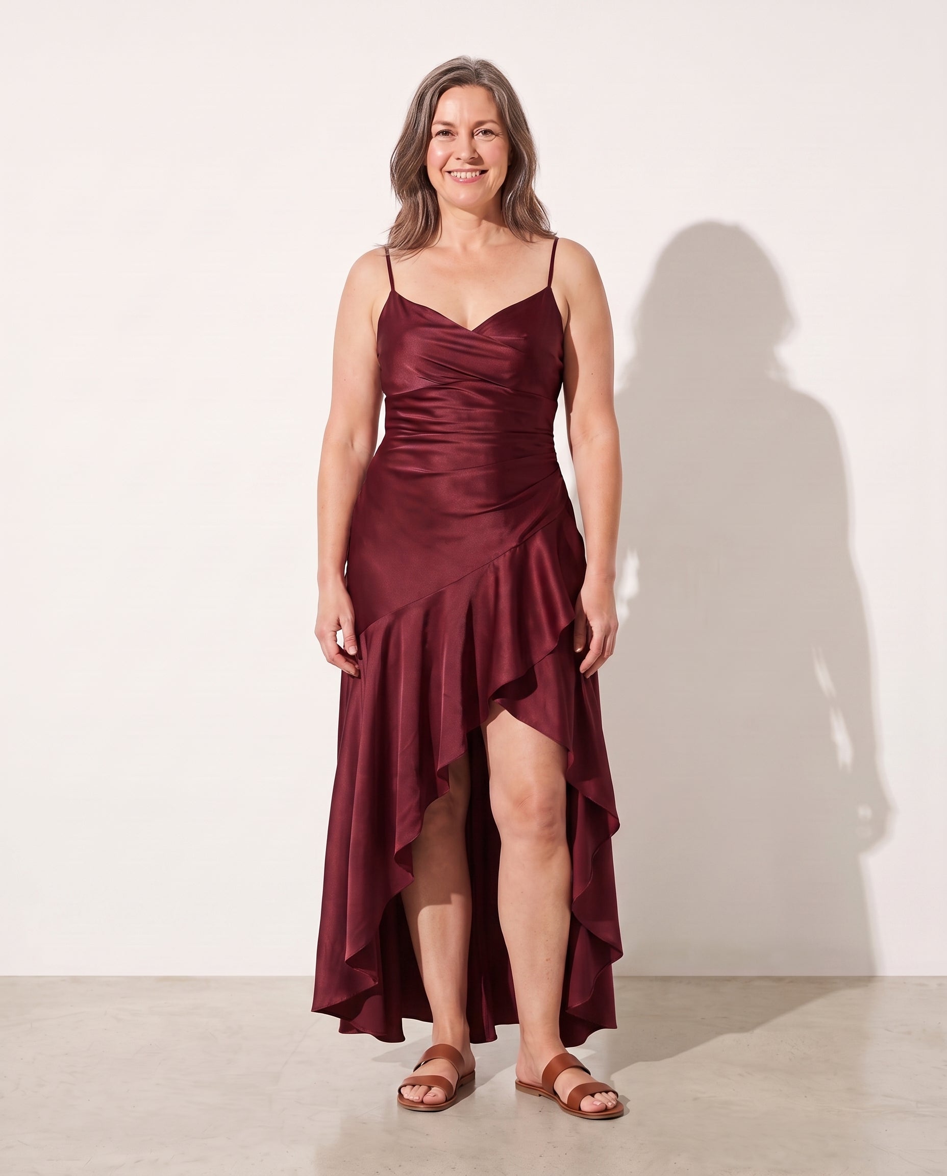 Penelope | Women Cowl Neck Satin Slip Maxi Wedding Guest Dress — Burgundy