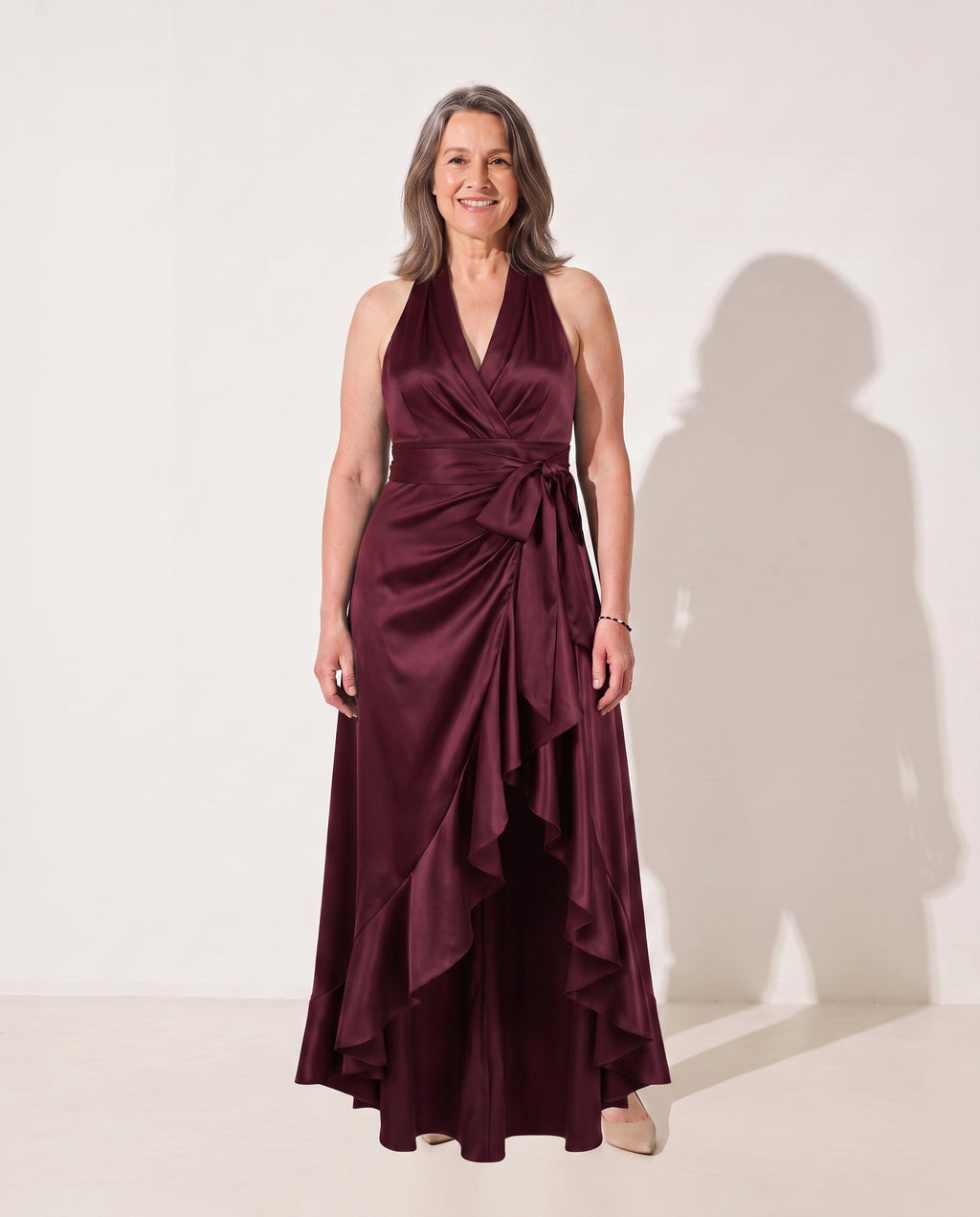 Cosima | Evening Maxi Dresses Halter Neck Satin Ruffle Hem — Burgundy