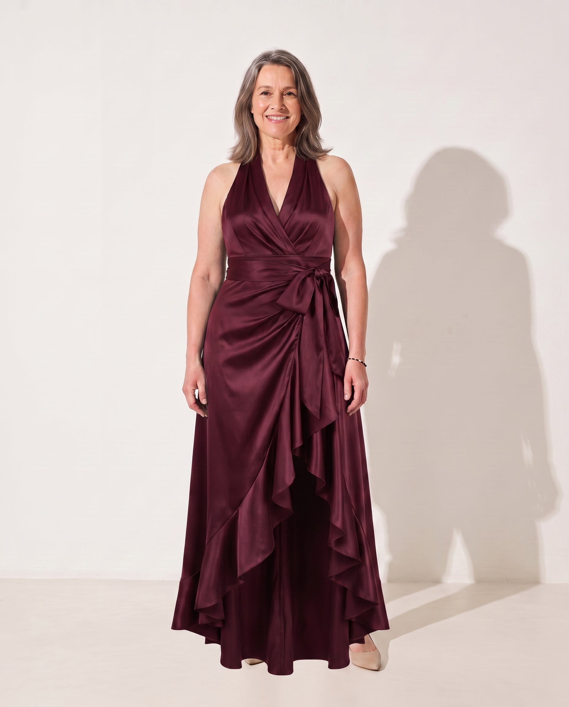 Cosima | Evening Maxi Dresses Halter Neck Satin Ruffle Hem — Burgundy