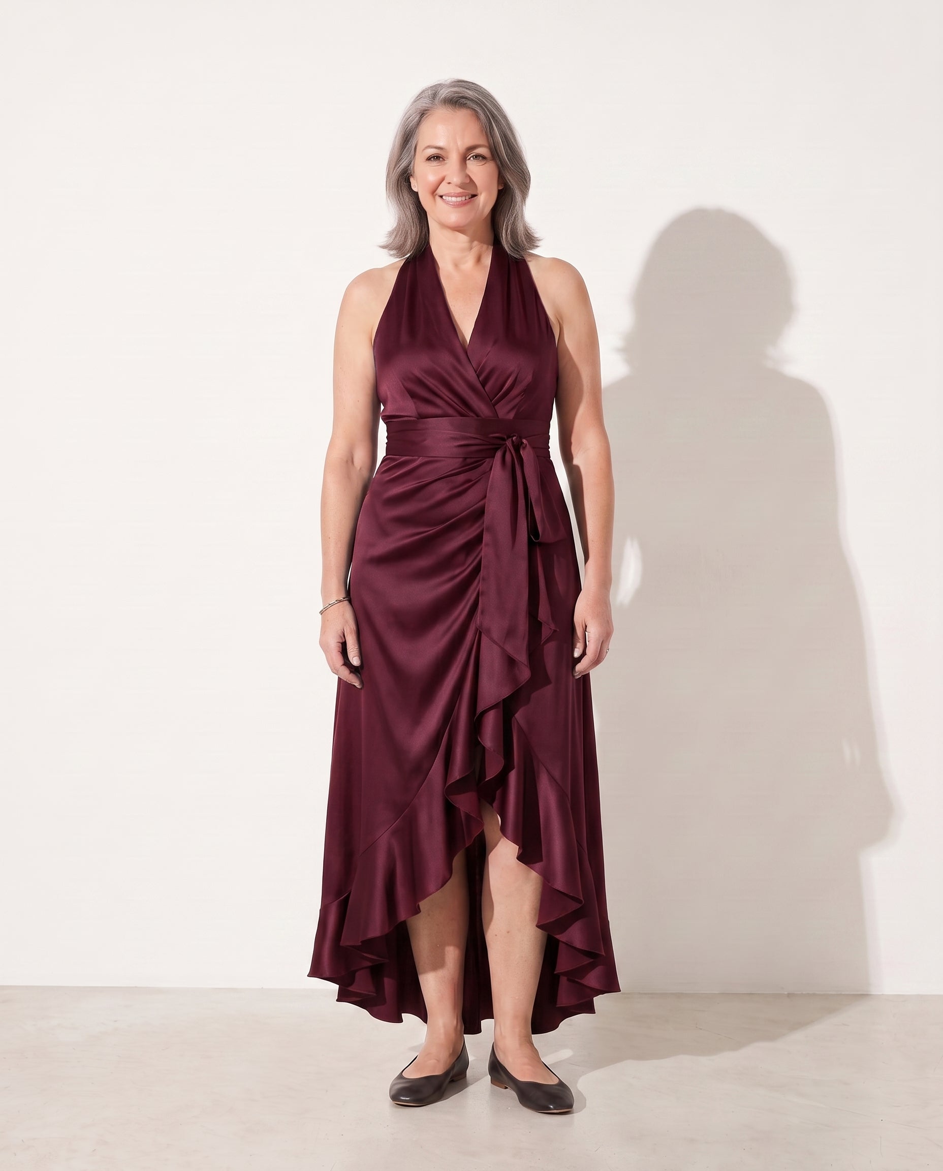 Fleur | Satin Halter Maxi Dress Evening Gown Formal — Burgundy