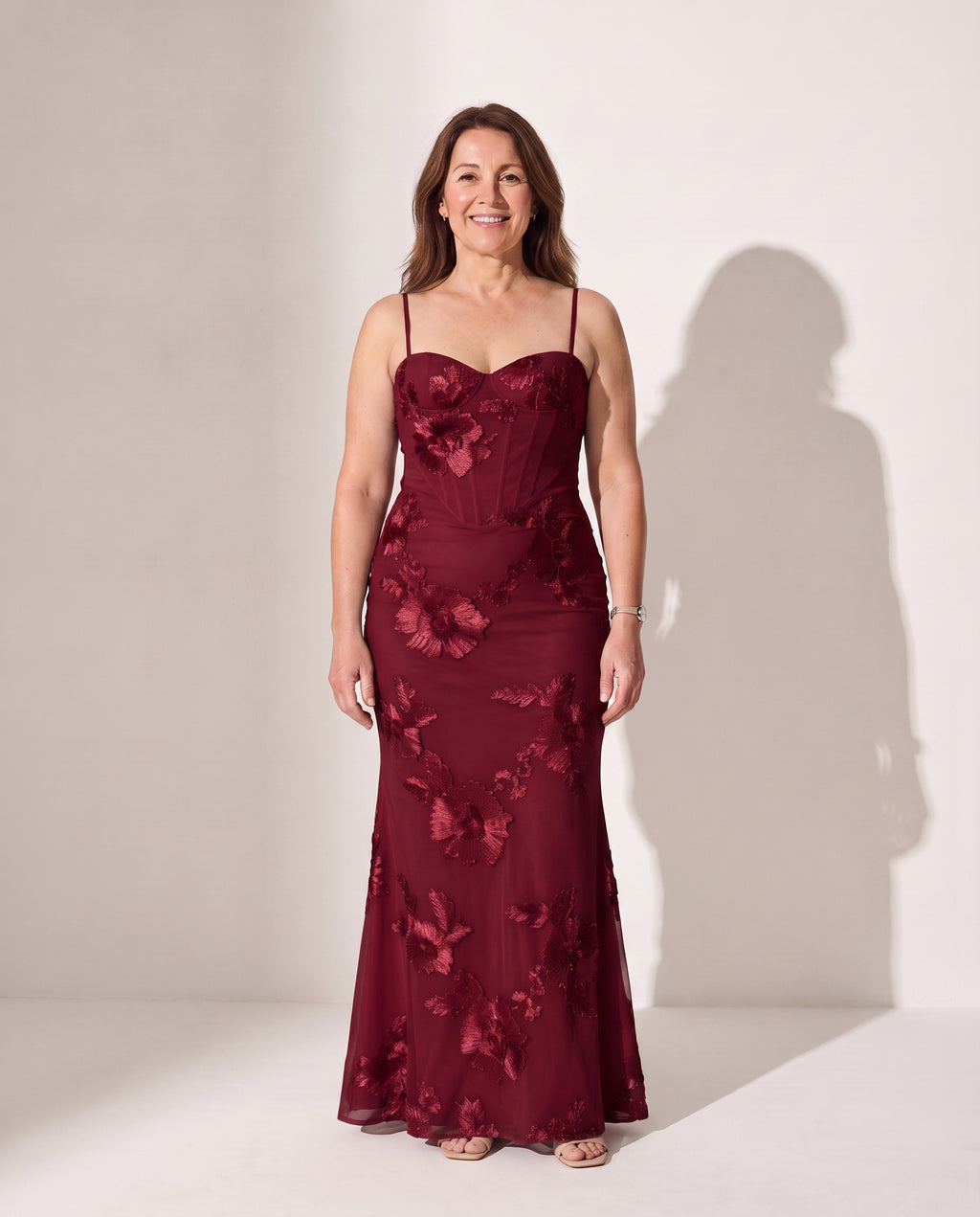 Liliana | Plus Size Floral Embroidered Wedding Dresses Corset Maxi — Burgundy