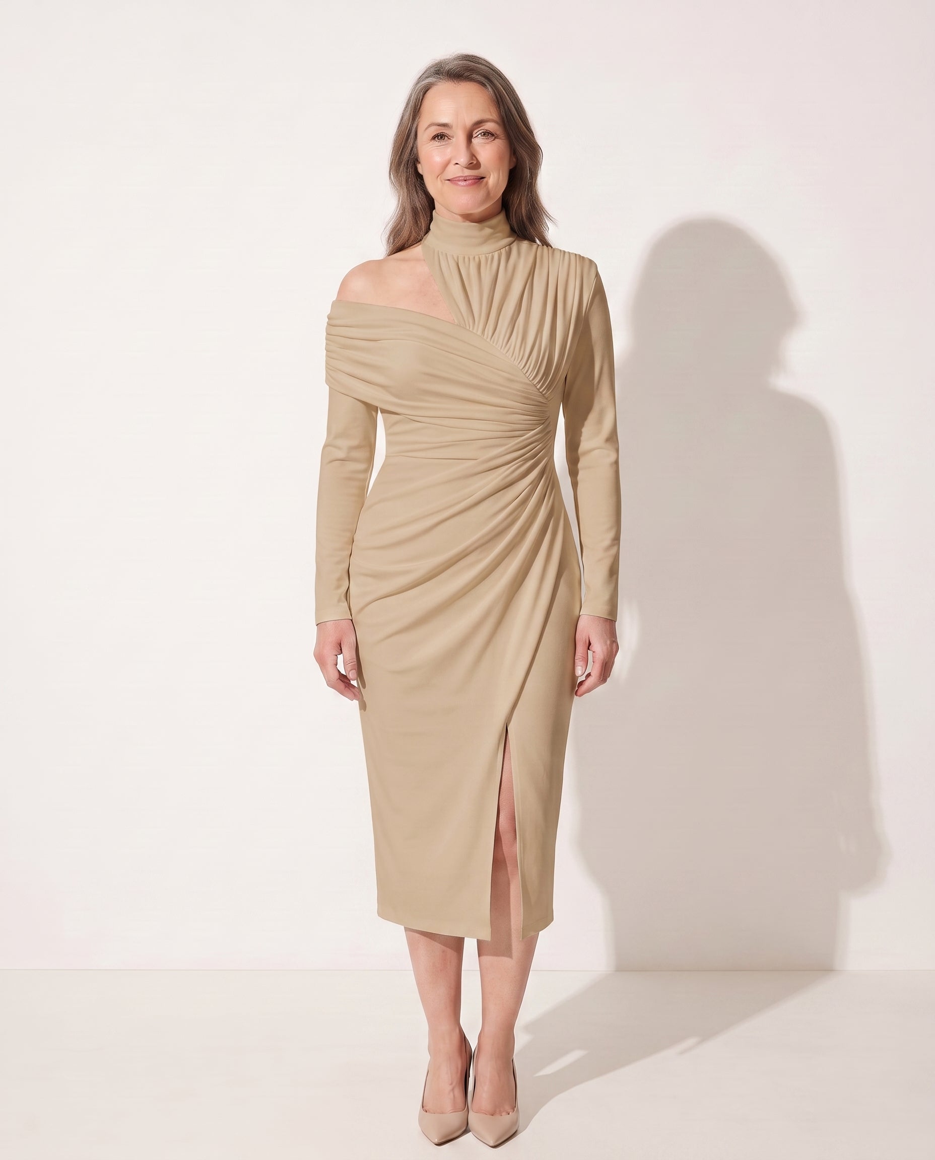 Romilly | Ruched One Shoulder Midi Wedding Guest Dress — Camel