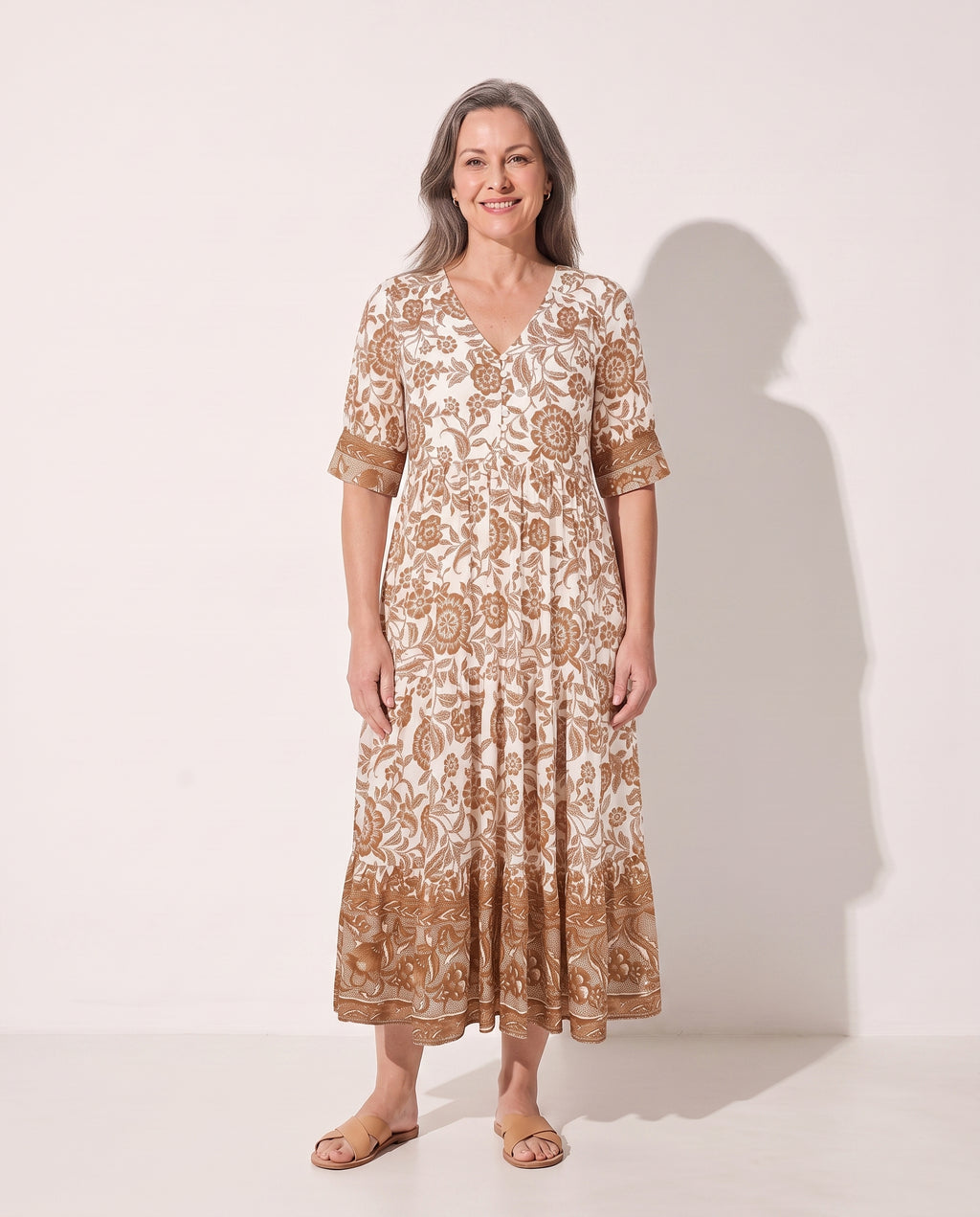Faustine | Long Sleeve Floral Midi Dress For Garden Parties — Camel