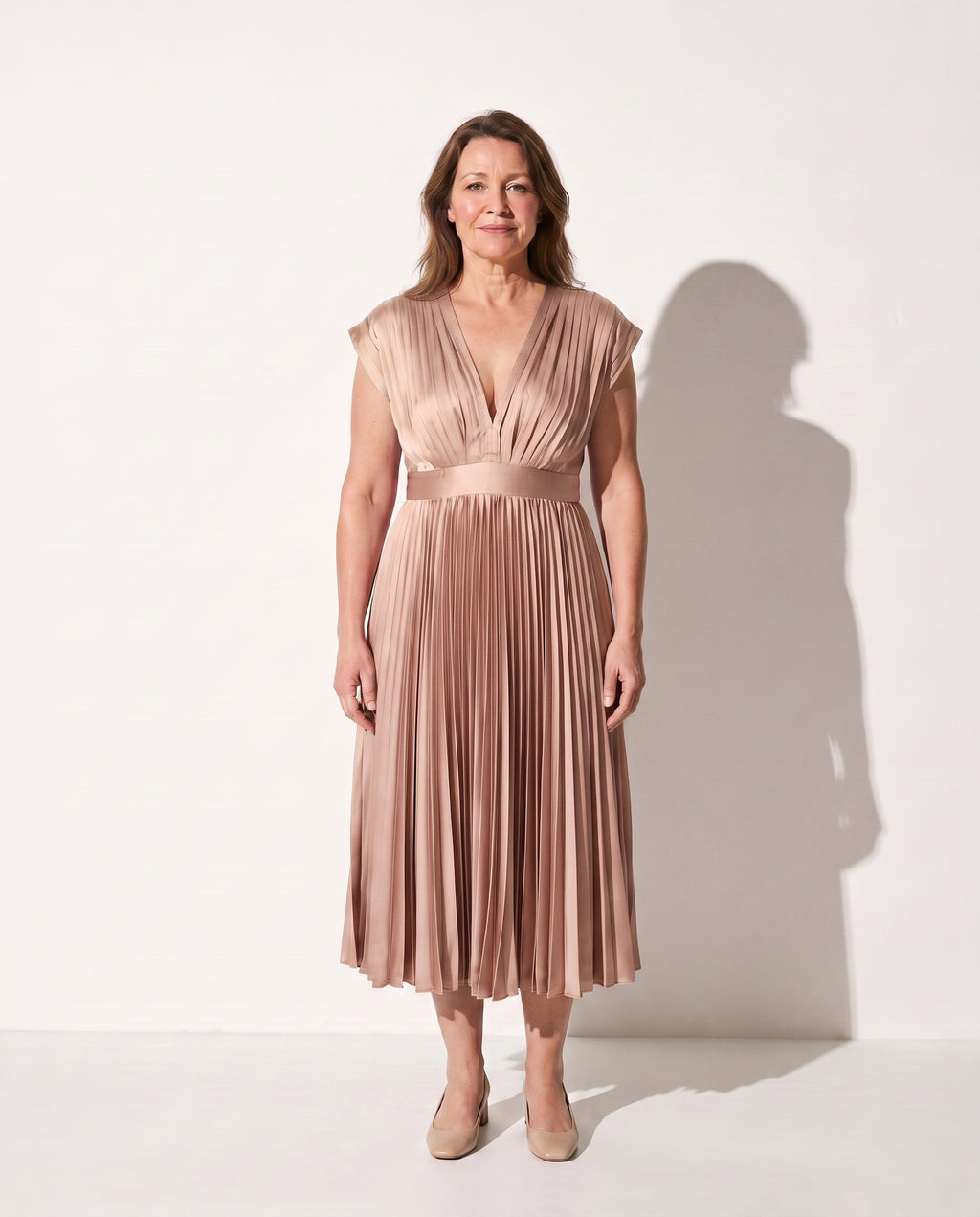 Esmee | Long Sleeve Wedding Guest Dresses Pleated Midi V-Neck — Champagne