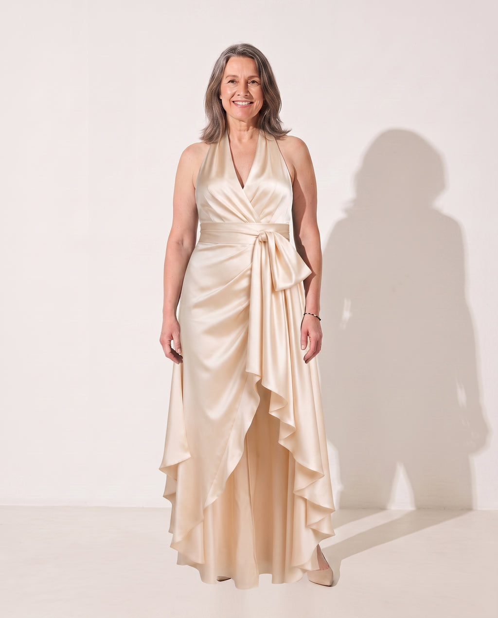 Cosima | Evening Maxi Dresses Halter Neck Satin Ruffle Hem — Champagne