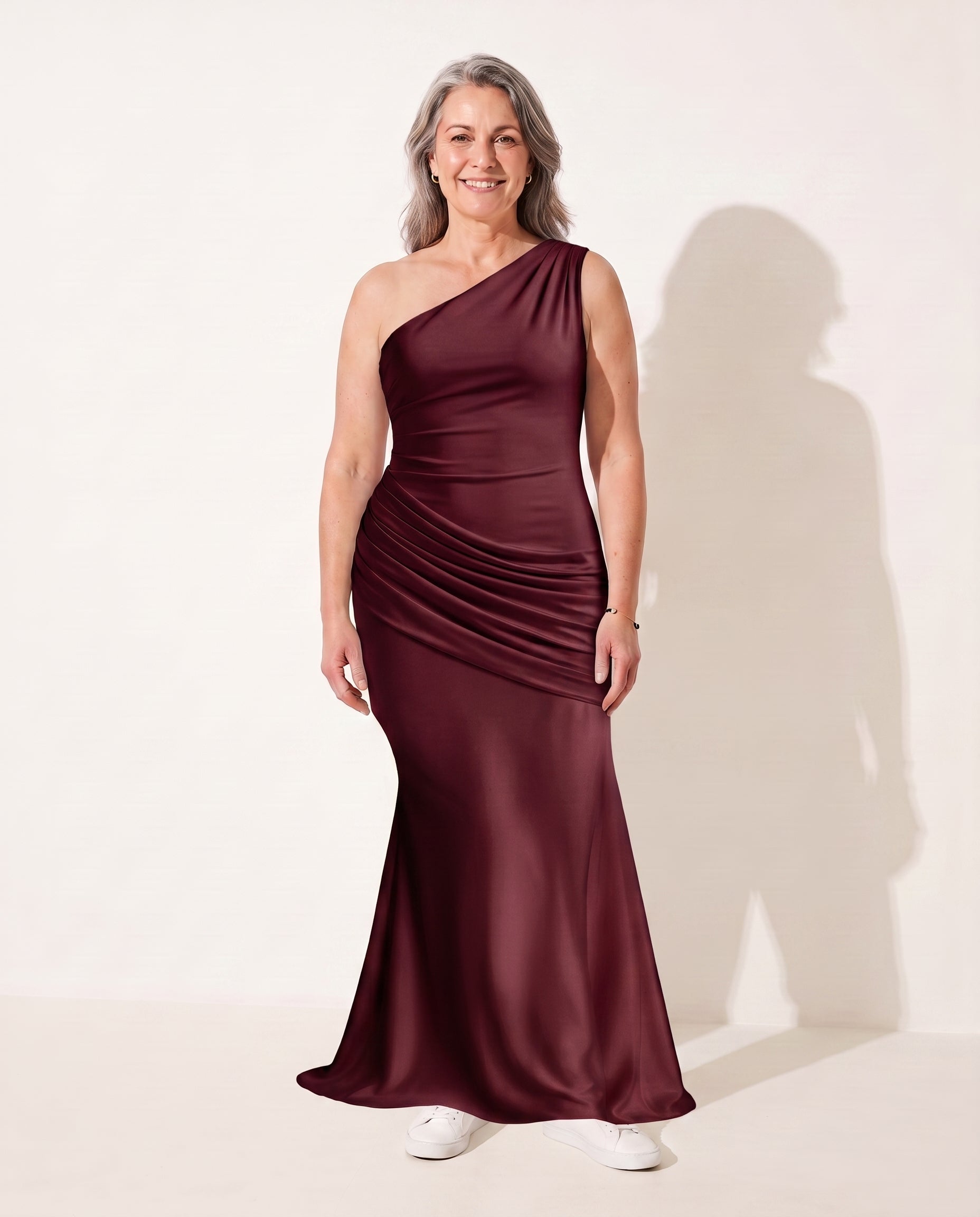 Beatrix | Evening Maxi Dresses One Shoulder Draped Formal Gown — Cherry Lacquer