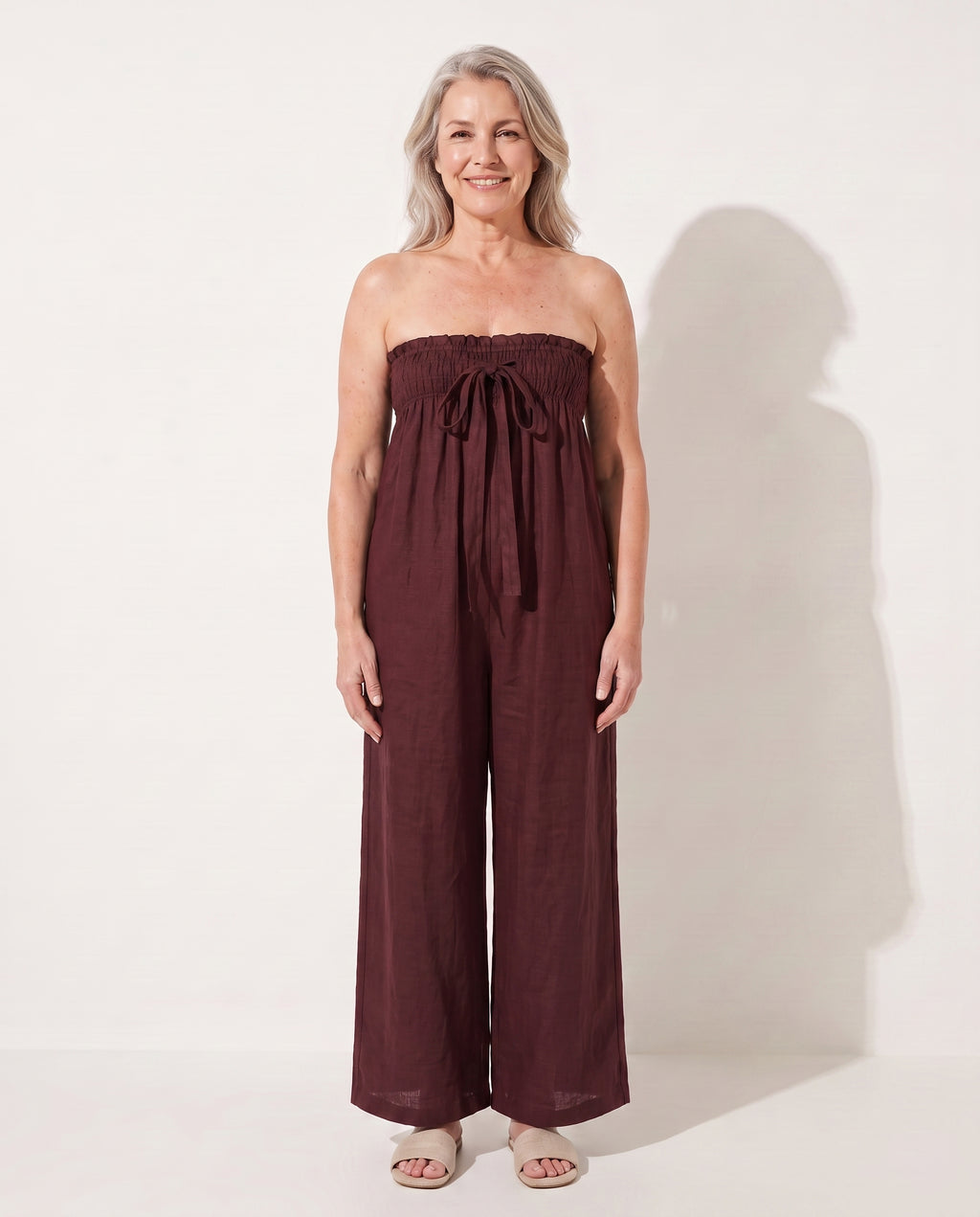 Verena | Strapless Wide Leg Linen Bandeau Jumpsuit — Claret