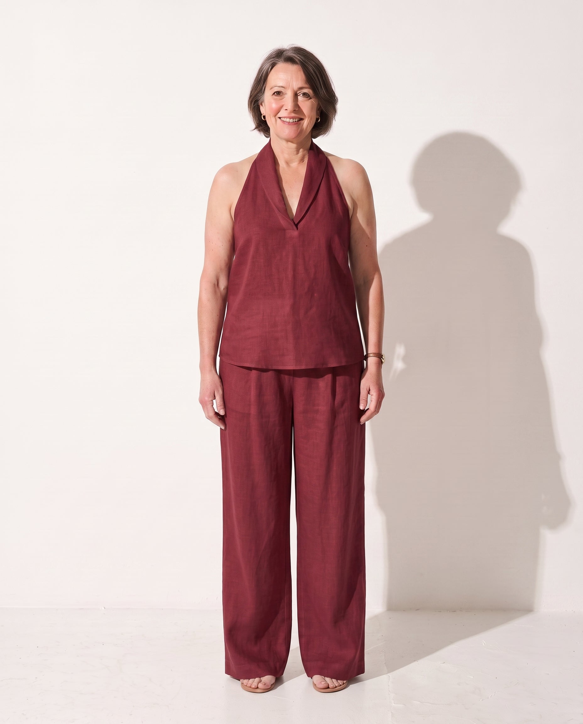 Mirabelle | Camel Wide Leg Trousers Halterneck Co-Ord Set — Claret