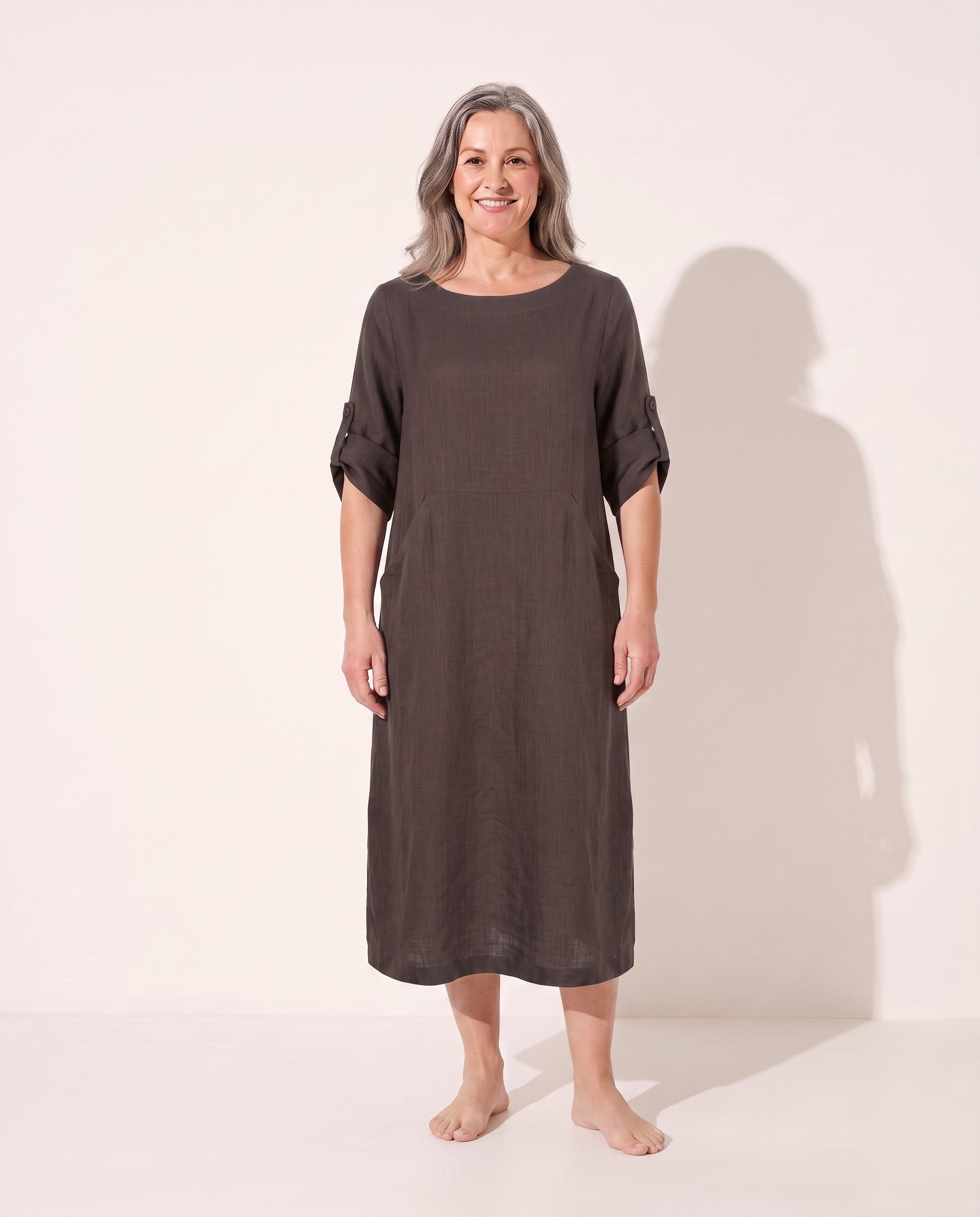 Coralie | Black Evening Dress Draped A-Line Silhouette — Coffee