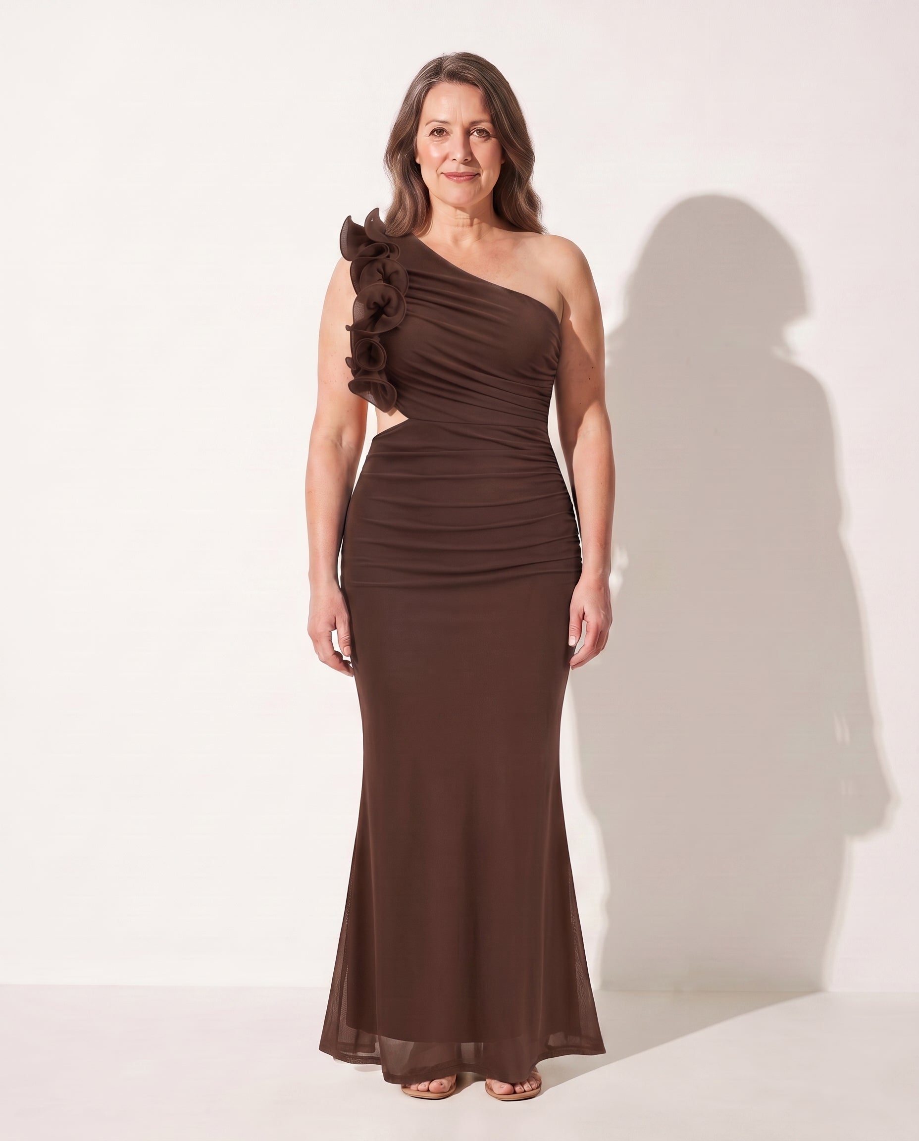 Bryony | Wedding Guest Dresses With Sleeves Ruffle Maxi — Coffee