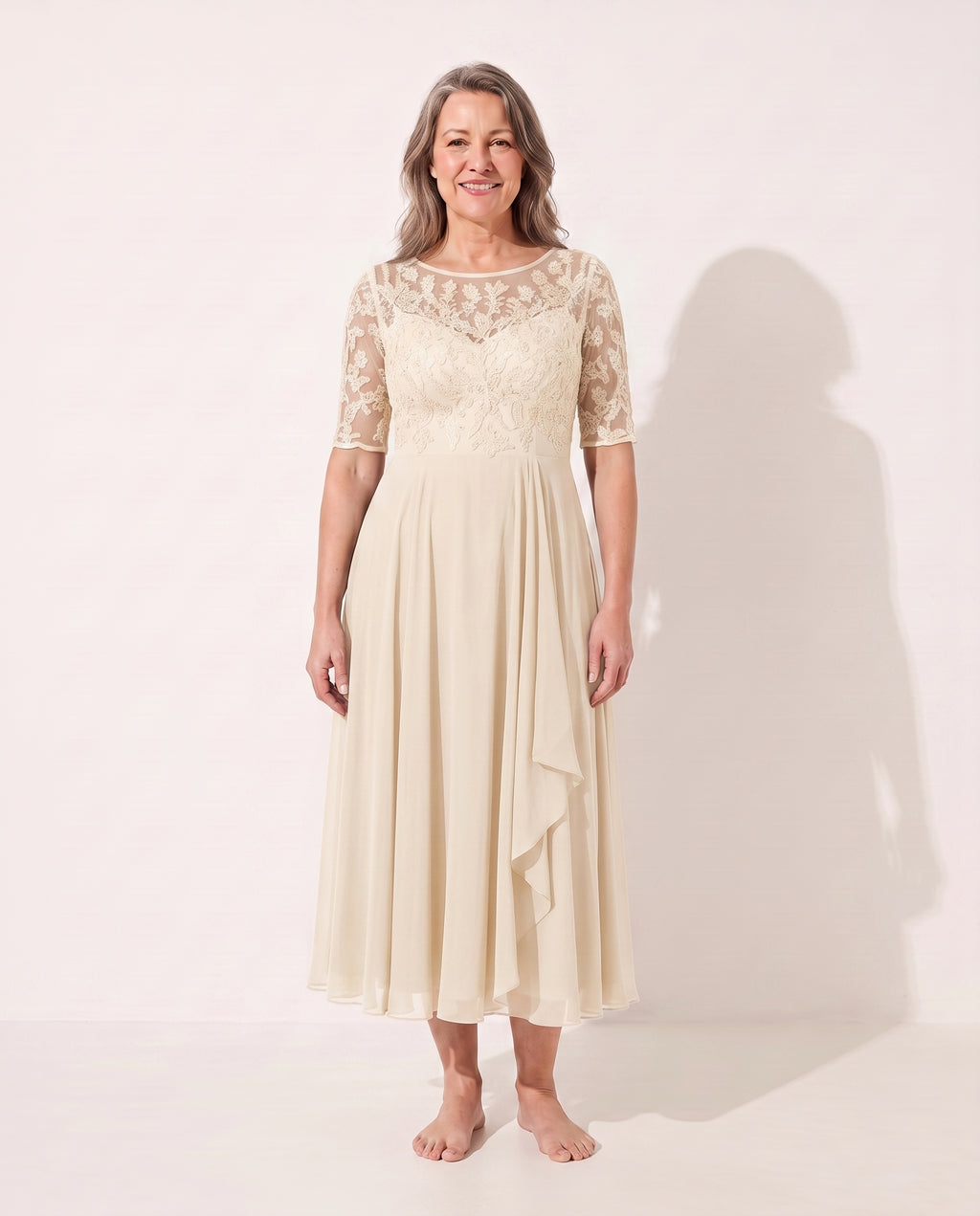 Delia | Embroidered Lace Midi Wedding Guest Dress — Cream