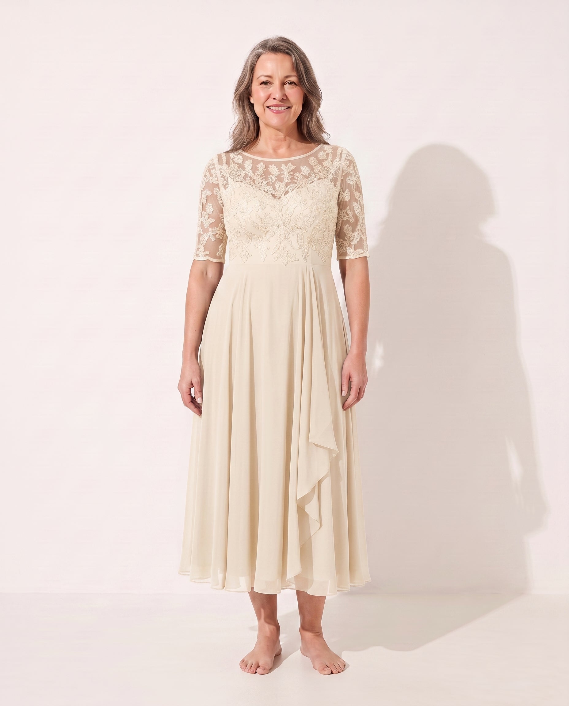 Delia | Embroidered Lace Midi Wedding Guest Dress — Cream