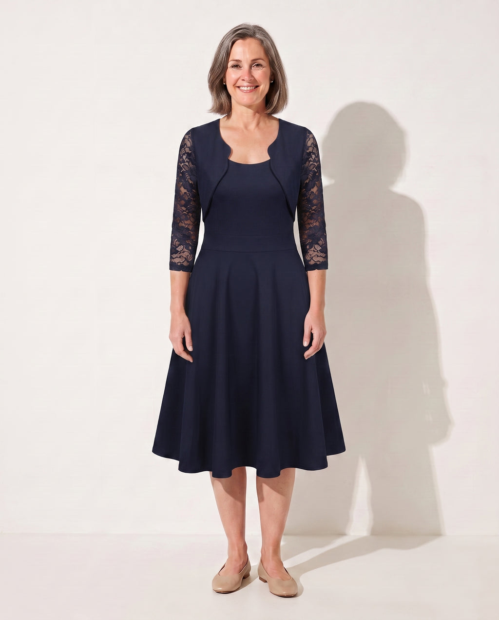 Sabine | Long Sleeve Lace Midi Wedding Guest Dresses — Dark Blue
