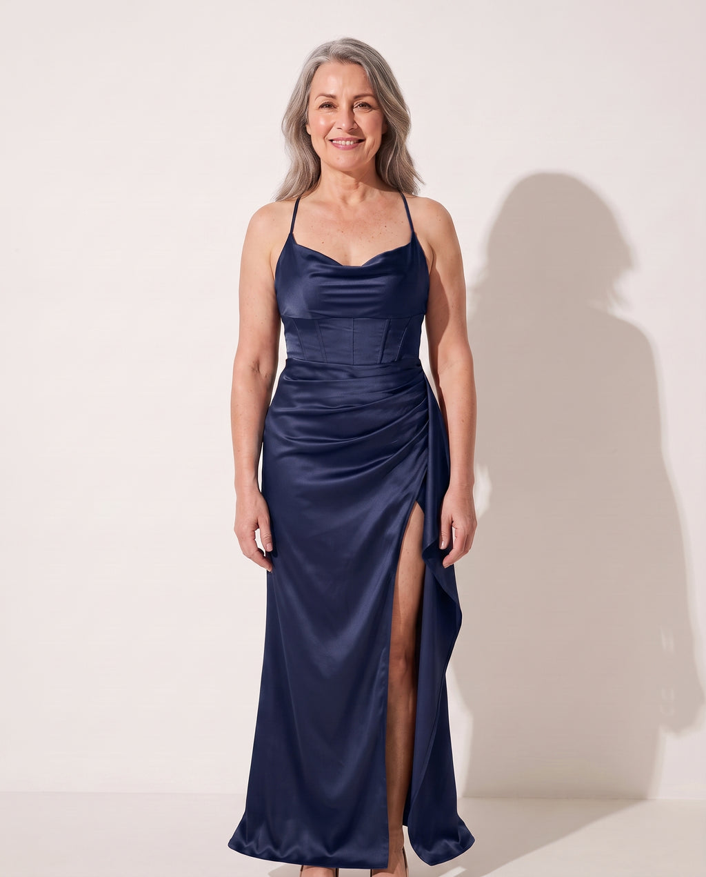 Thalia | Black Ruched Satin Bodycon Maxi Dress Wedding Guest — Dark Blue