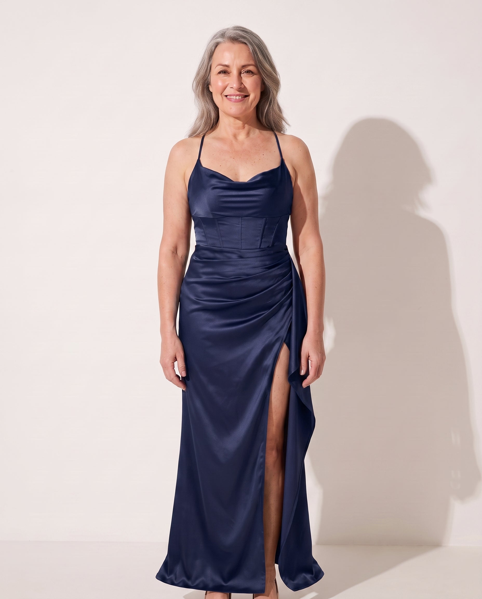 Thalia | Black Ruched Satin Bodycon Maxi Dress Wedding Guest — Dark Blue