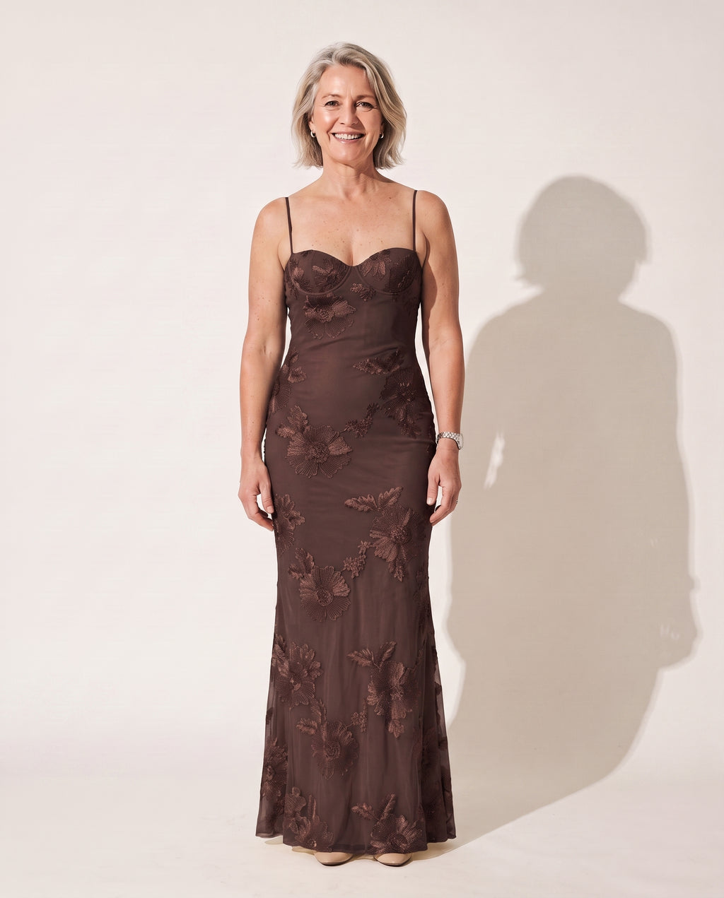 Philippa | Red Floral Corset Maxi Dress — Dark Brown