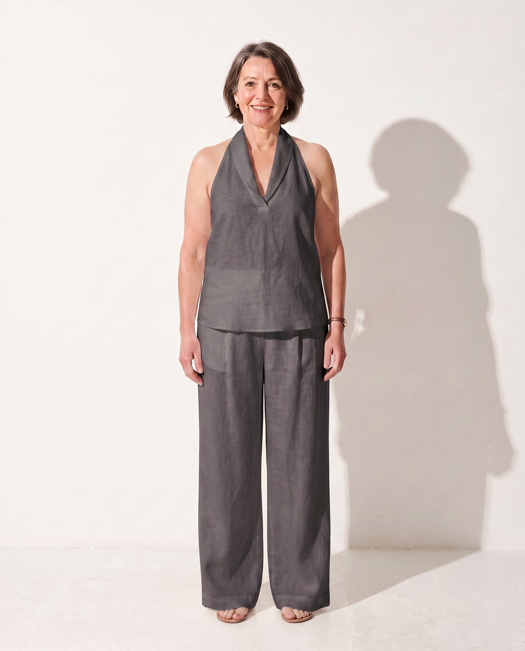 Mirabelle | Camel Wide Leg Trousers Halterneck Co-Ord Set — Dark Gray