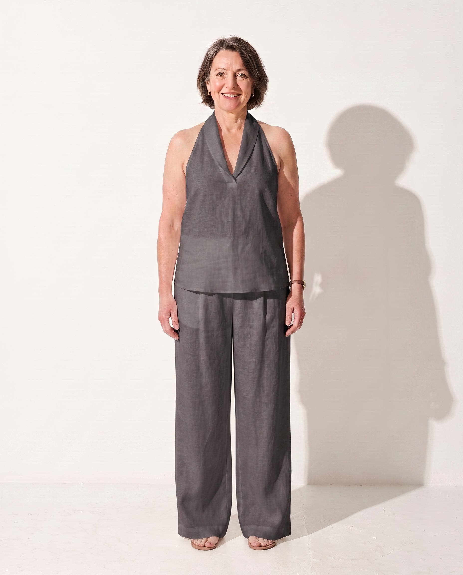 Mirabelle | Camel Wide Leg Trousers Halterneck Co-Ord Set — Dark Gray