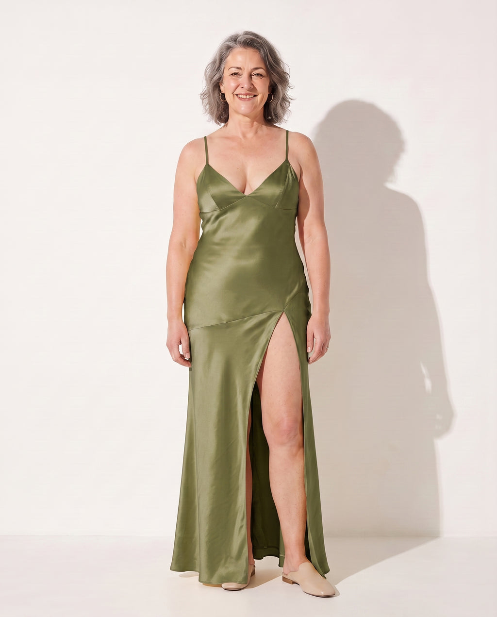 Henriette | Satin Side Split Wedding Guest Maxi Dresses — Dark Green
