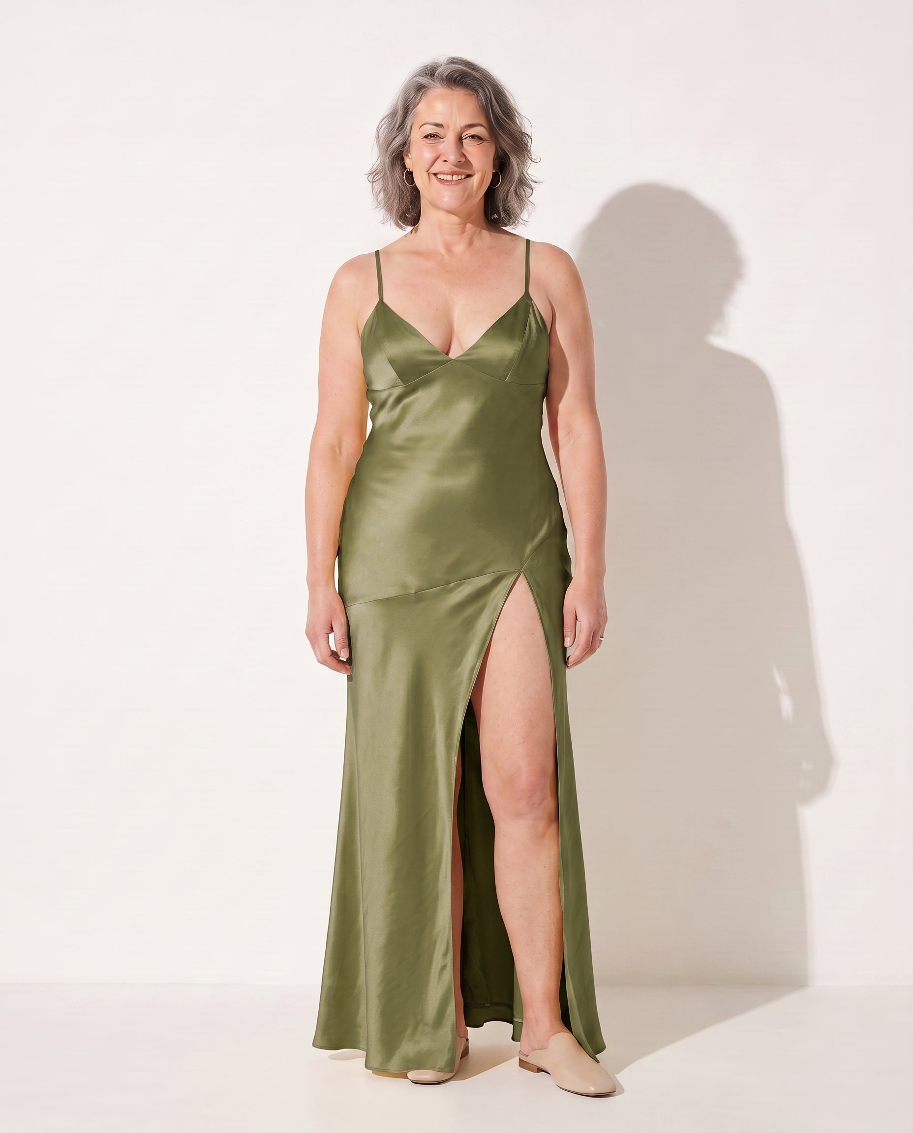 Henriette | Satin Side Split Wedding Guest Maxi Dresses — Dark Green