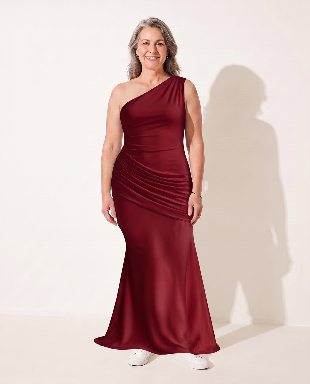 Beatrix | Evening Maxi Dresses One Shoulder Draped Formal Gown — Deep Red
