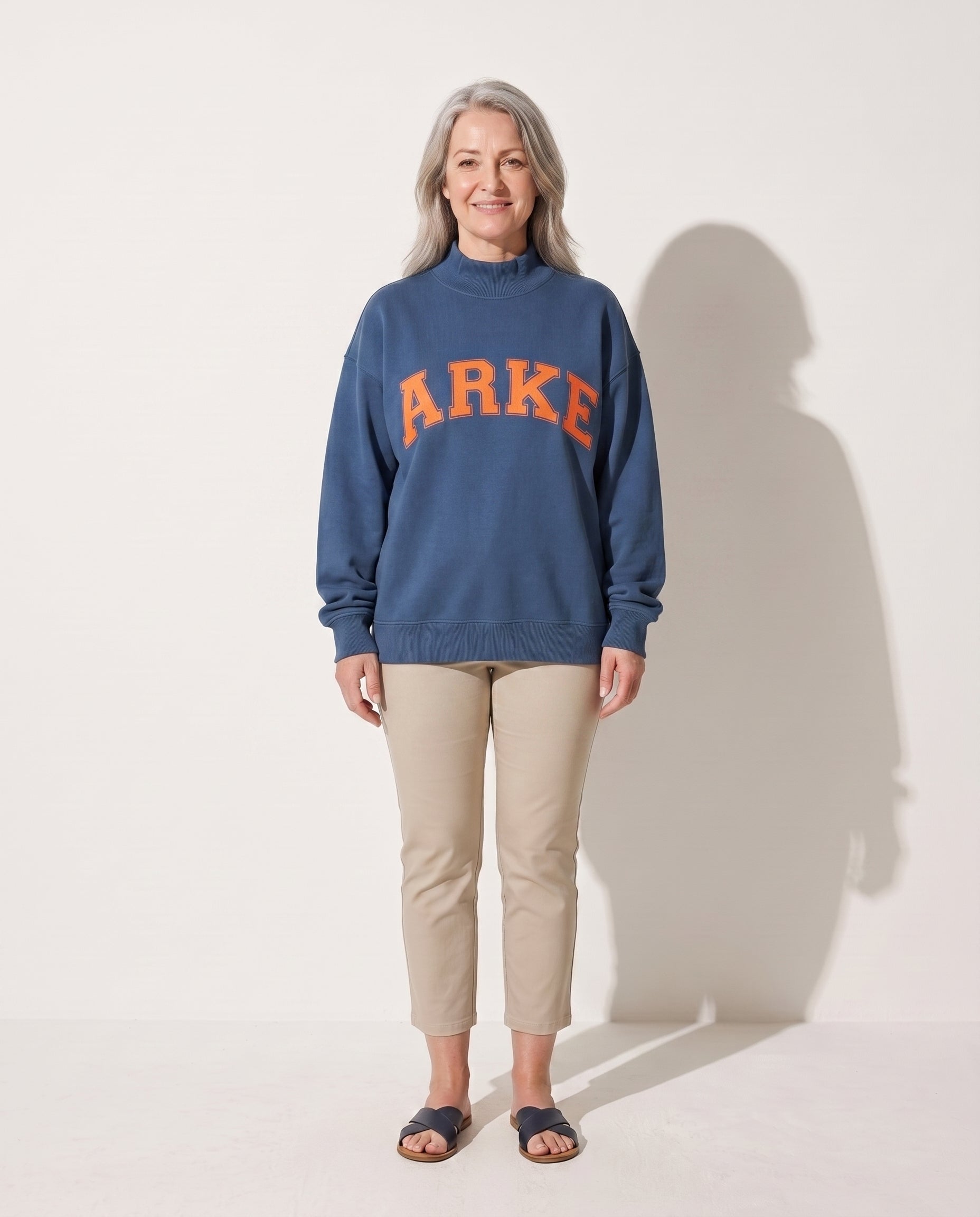 Cordelia | Women Varsity Jacket With Chenille Lettering — Denim Blue with Orange Letters
