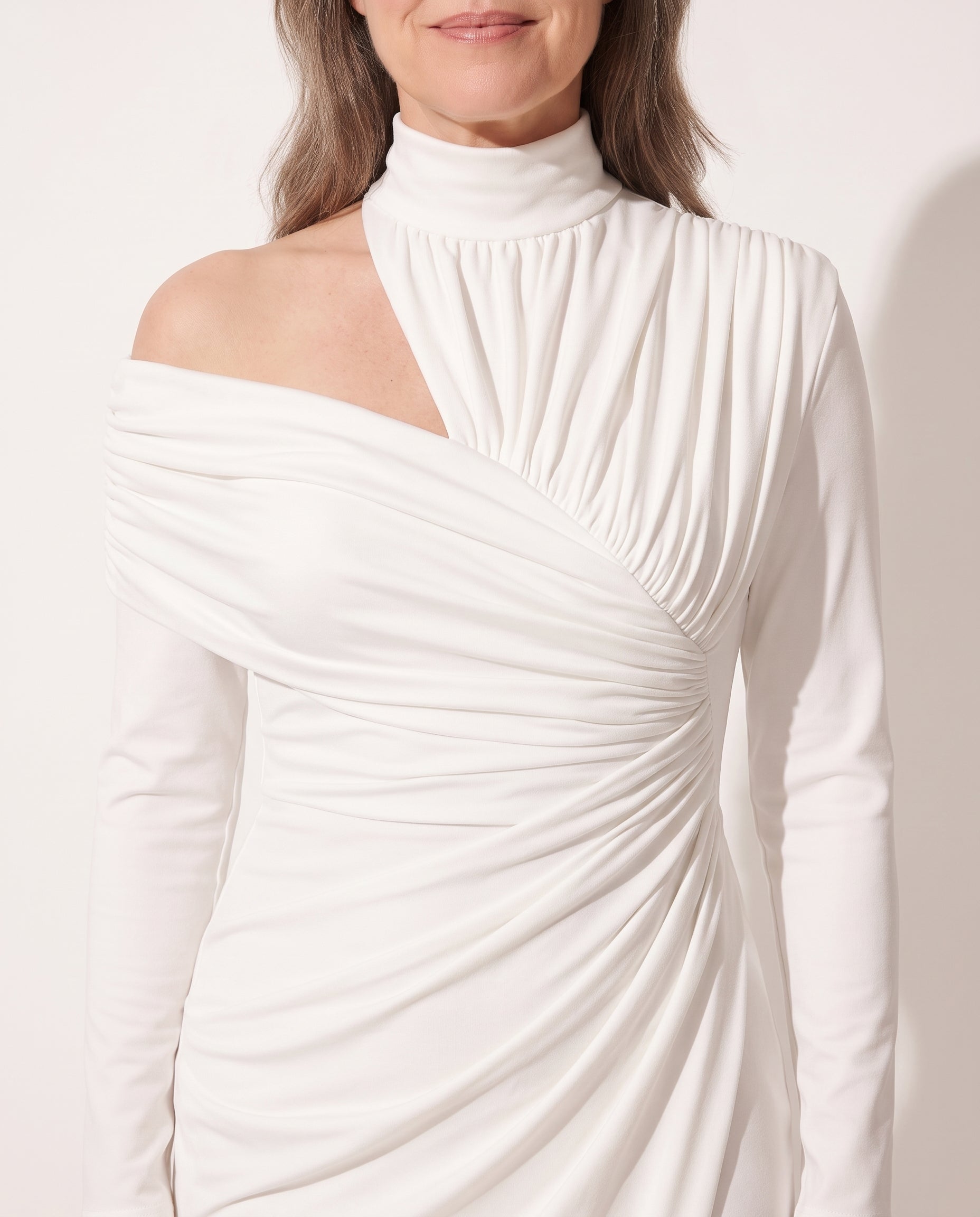 Romilly | Ruched One Shoulder Midi Wedding Guest Dress — detail