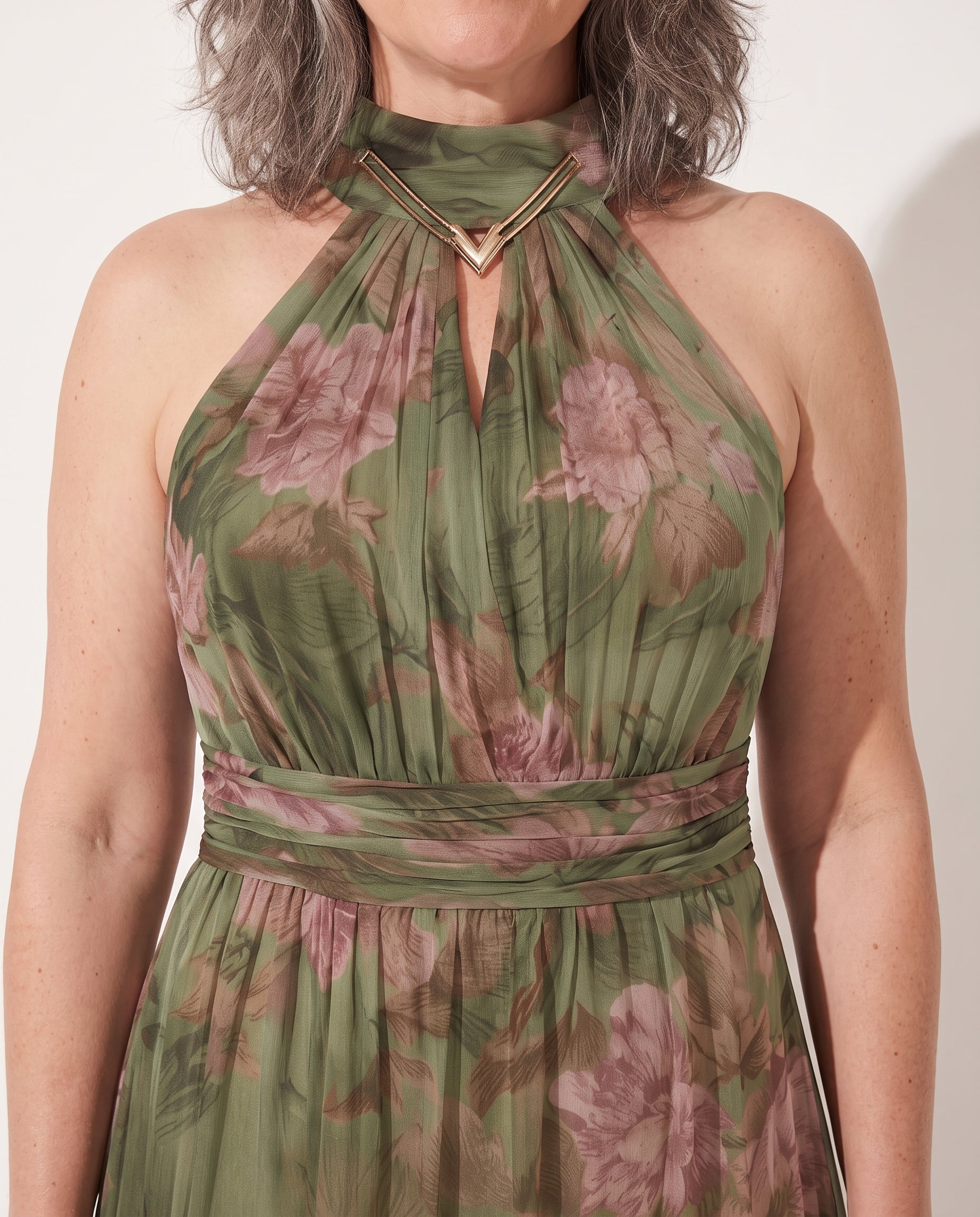 Beatrix | Floral Halter Maxi Autumn Wedding Guest Dresses — detail