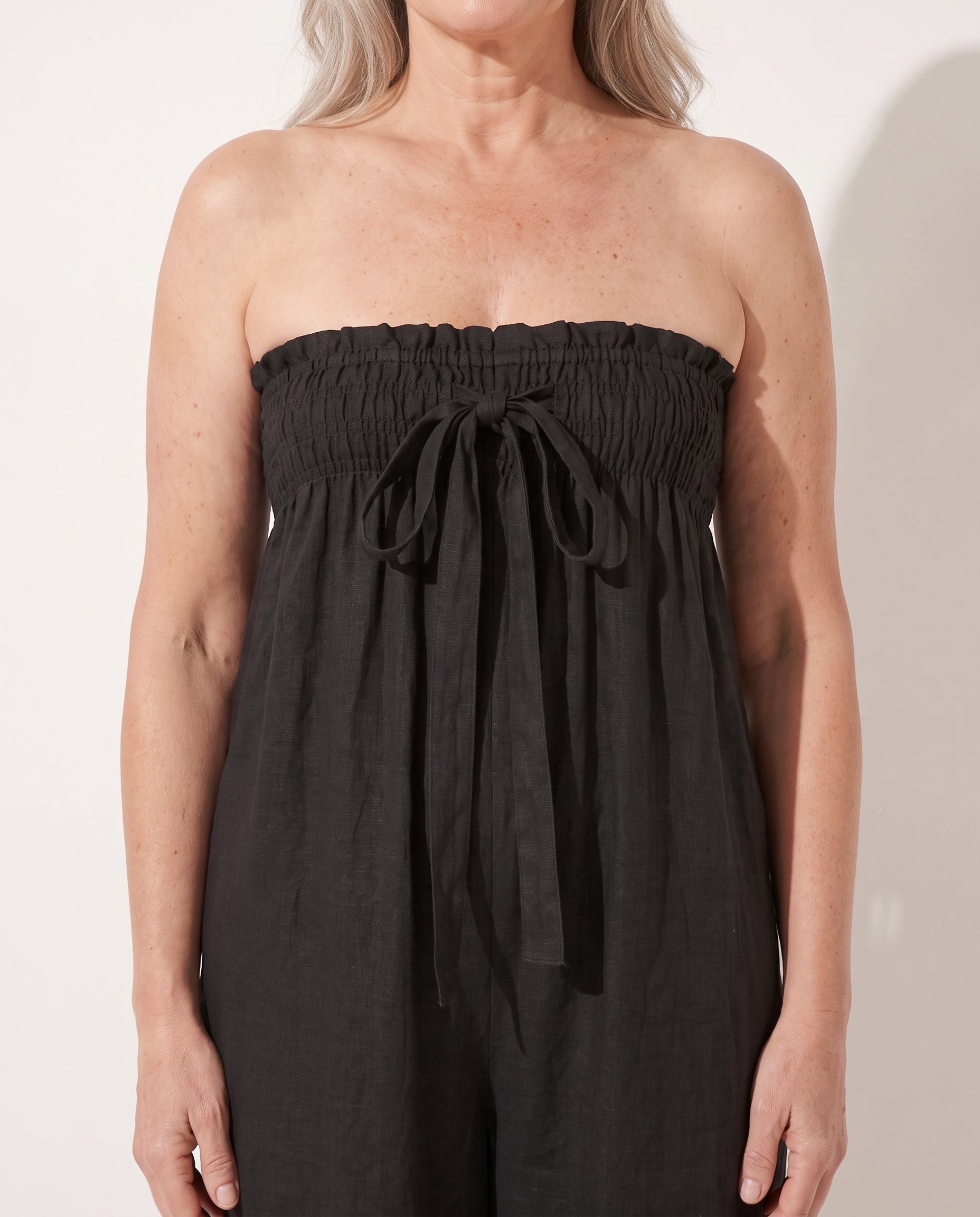 Verena | Strapless Wide Leg Linen Bandeau Jumpsuit — detail