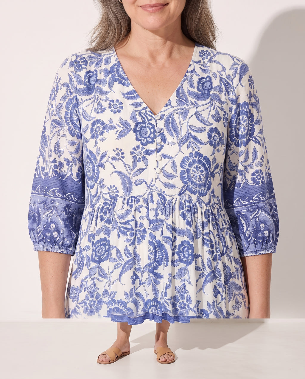 Faustine | Long Sleeve Floral Midi Dress For Garden Parties — detail