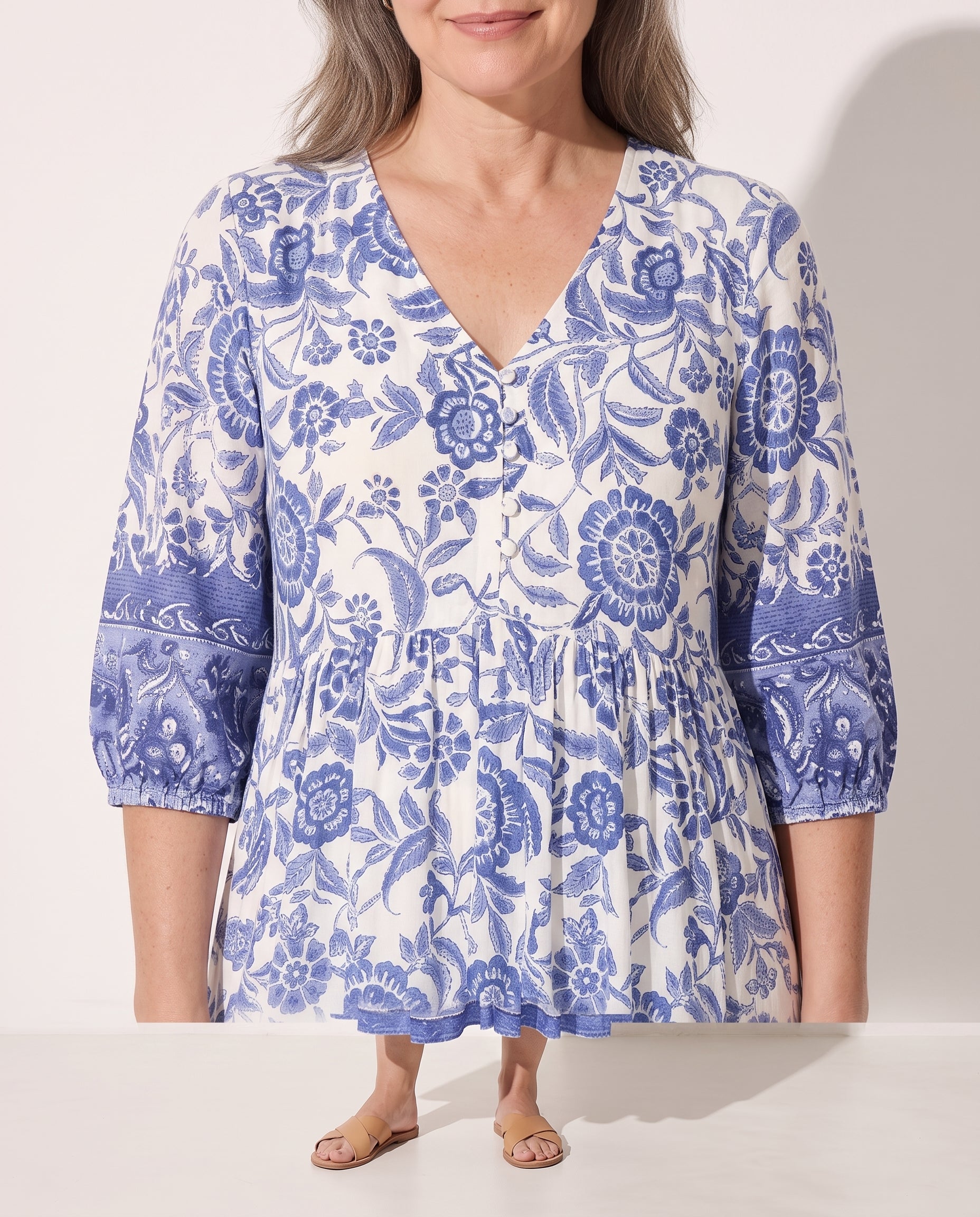 Faustine | Long Sleeve Floral Midi Dress For Garden Parties — detail