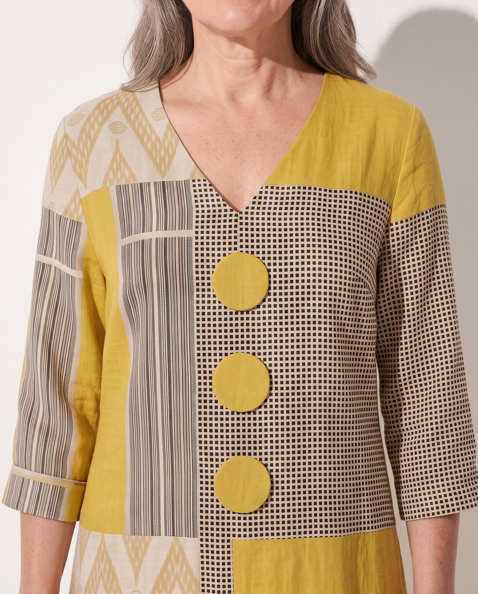 Tamsin | Long Sleeve Patchwork Midi Dress in Bold Geometric Print — detail