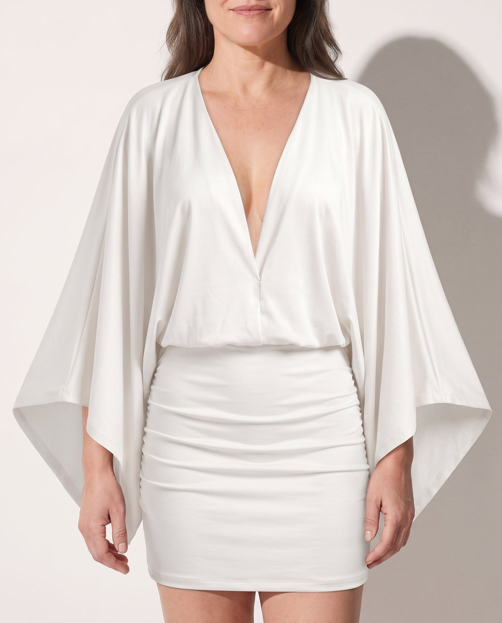 Ursula | Black Ruched Bodycon Cocktail Mini Dress — detail