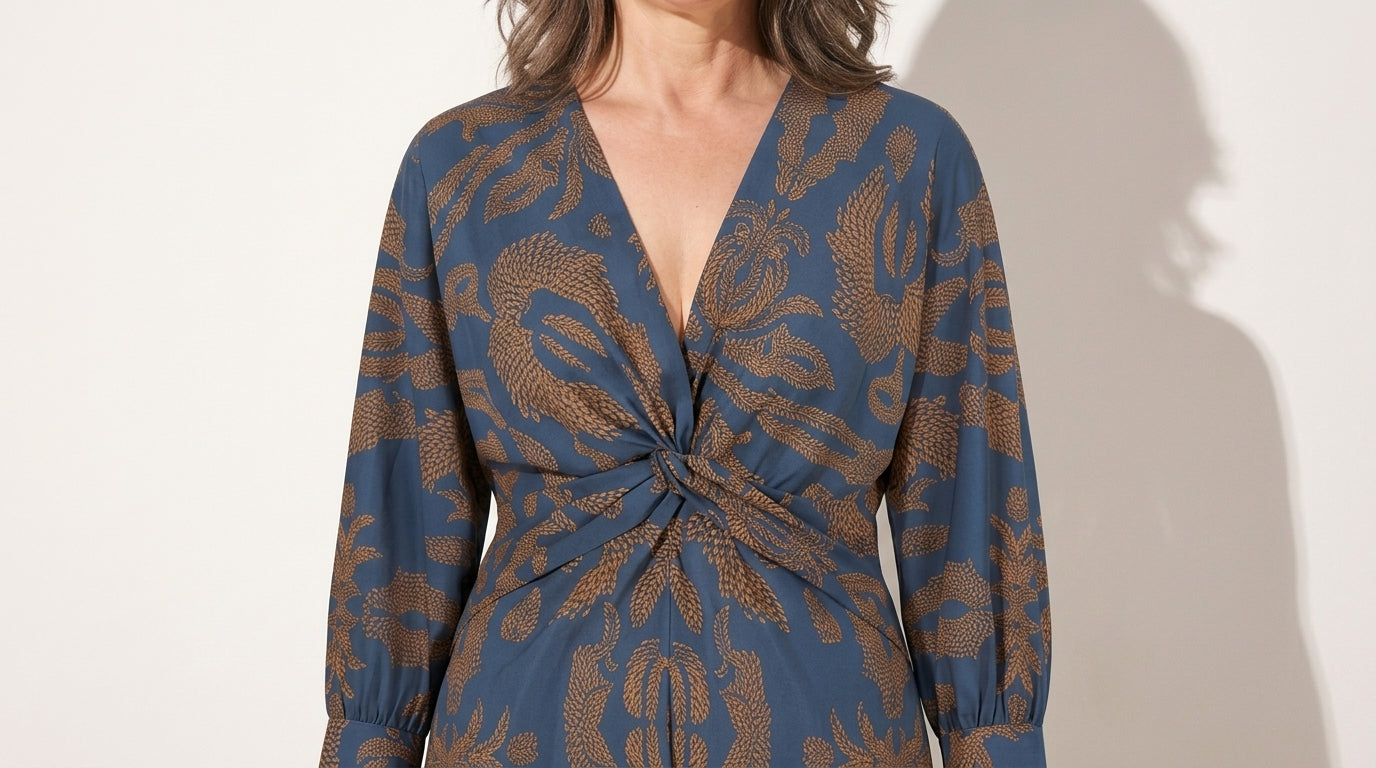 Marguerite | Long Sleeve Wrap Midi Dress With Painterly Print — detail