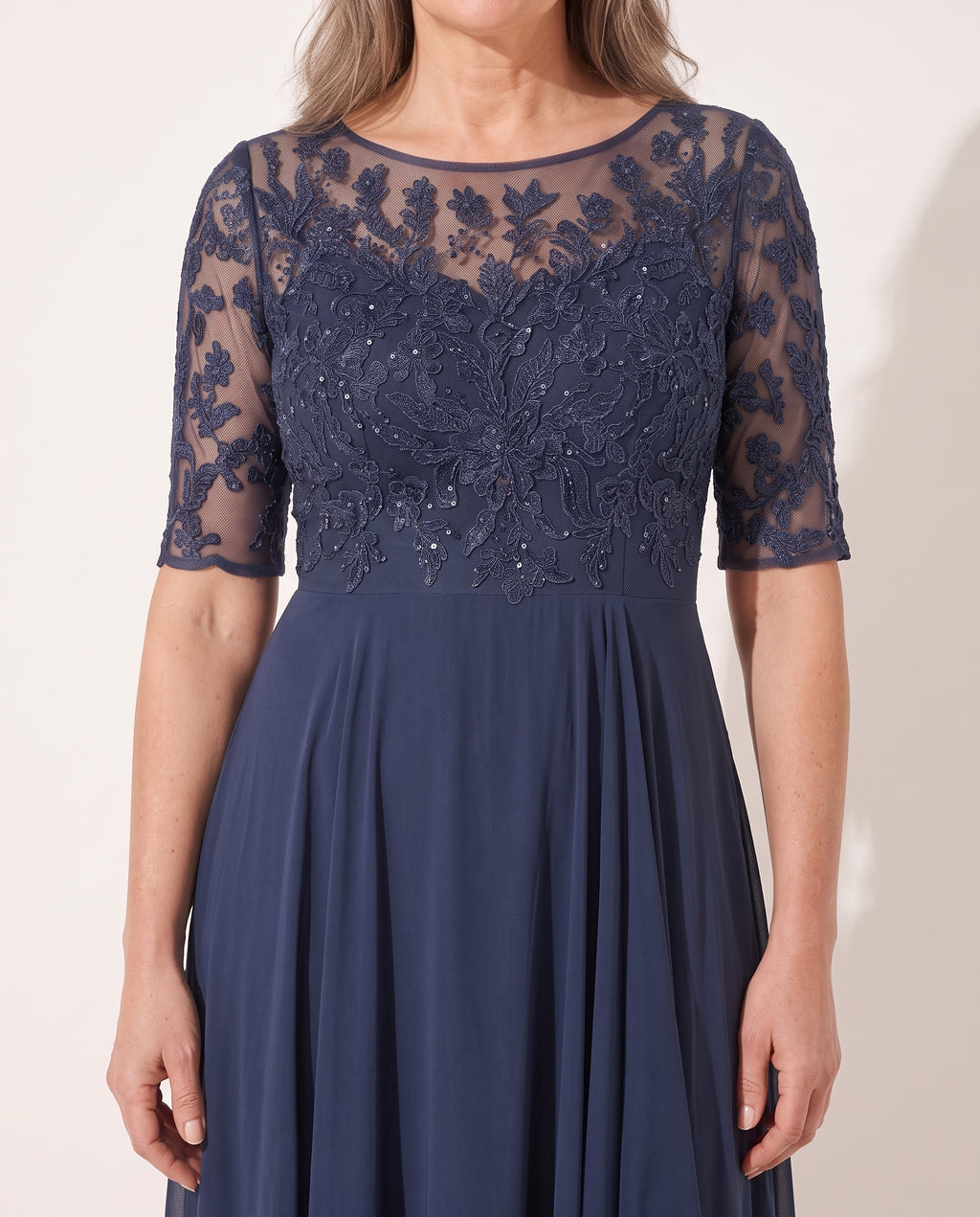 Delia | Embroidered Lace Midi Wedding Guest Dress — detail