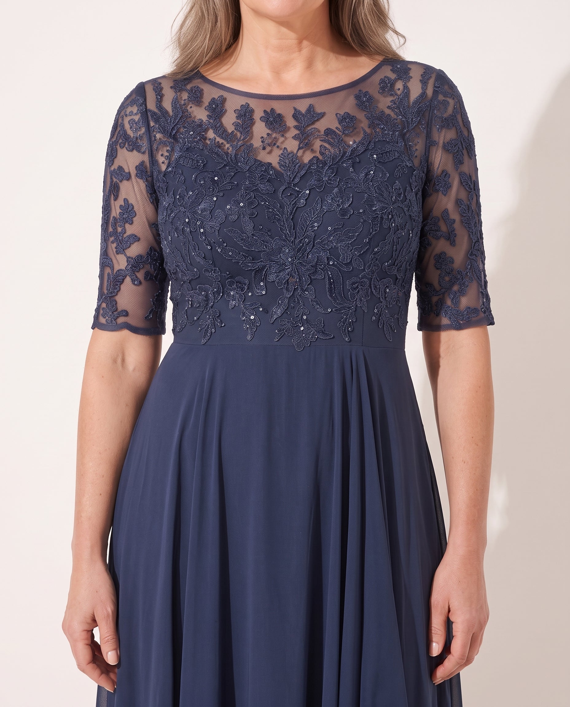 Delia | Embroidered Lace Midi Wedding Guest Dress — detail