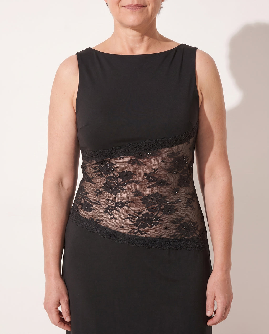 Oriane | Black Lace Cutout Open Back Maxi Evening Dress — detail