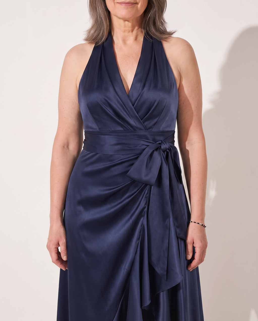 Cosima | Evening Maxi Dresses Halter Neck Satin Ruffle Hem — detail