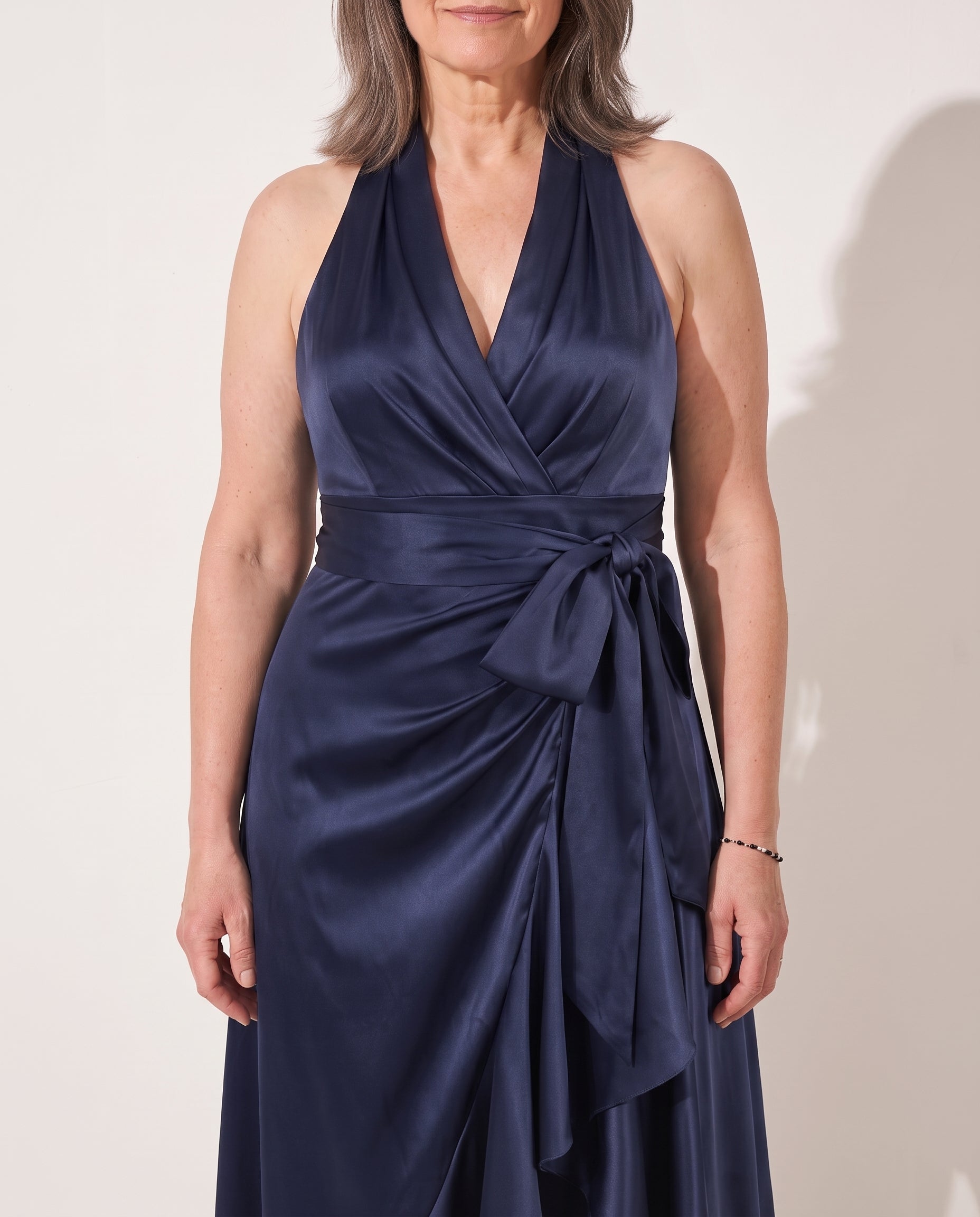 Cosima | Evening Maxi Dresses Halter Neck Satin Ruffle Hem — detail