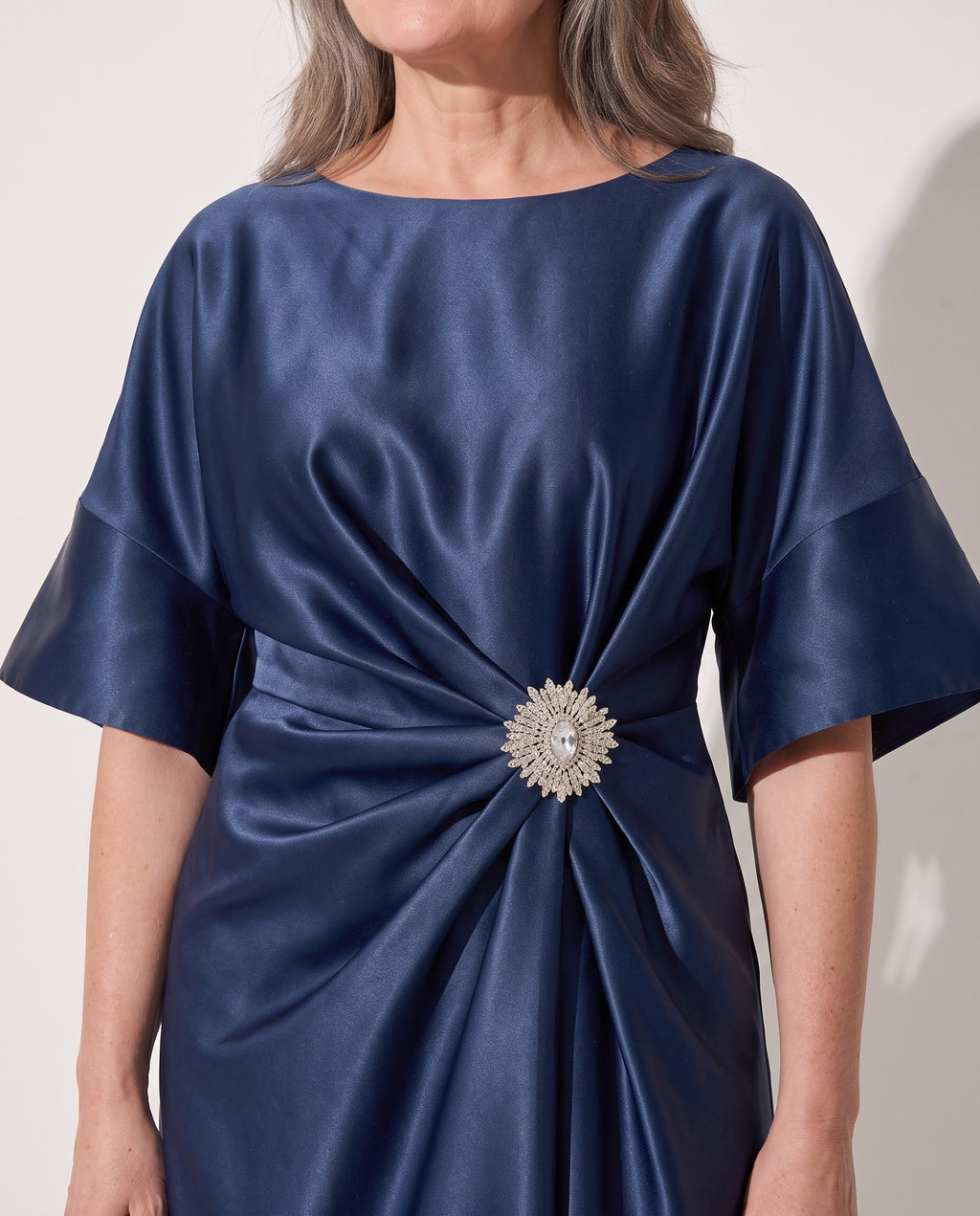 Aurelia | Satin Brooch Midi Dress With Kimono Sleeves — detail