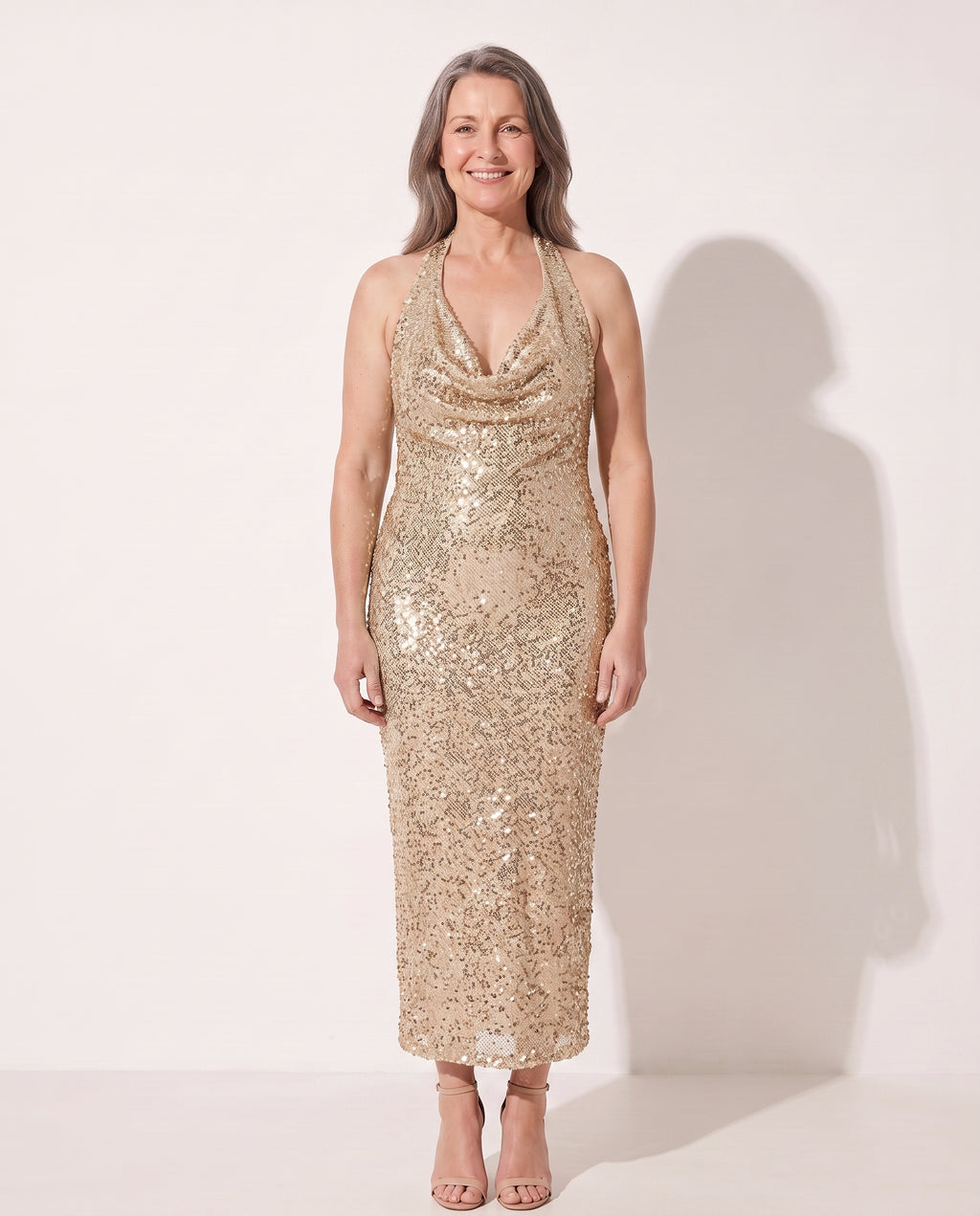 Esmee | Sequin Halter Open Back Maxi Dress Evening — Gold
