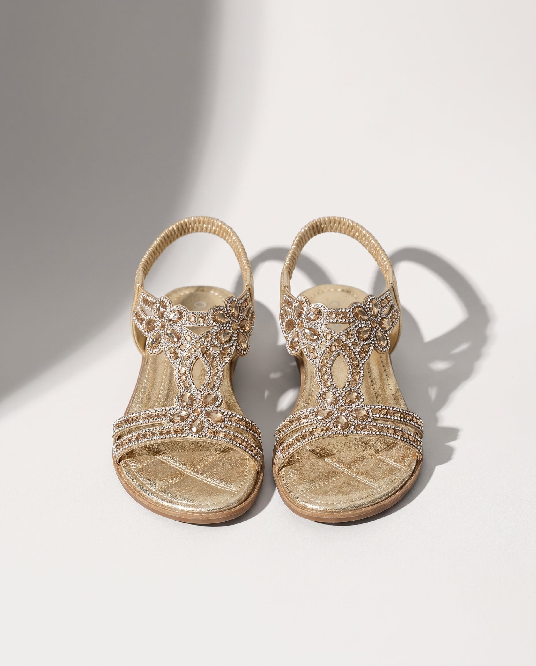 Coralie | Boho Embellished Flat Wedding Shoes – Jewelled Sandals — Golden