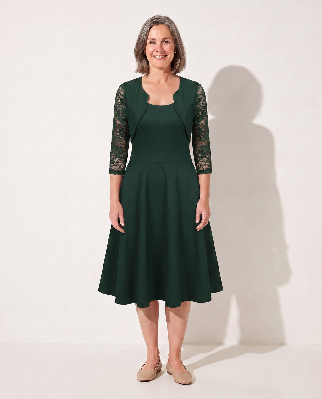 Sabine | Long Sleeve Lace Midi Wedding Guest Dresses — Green