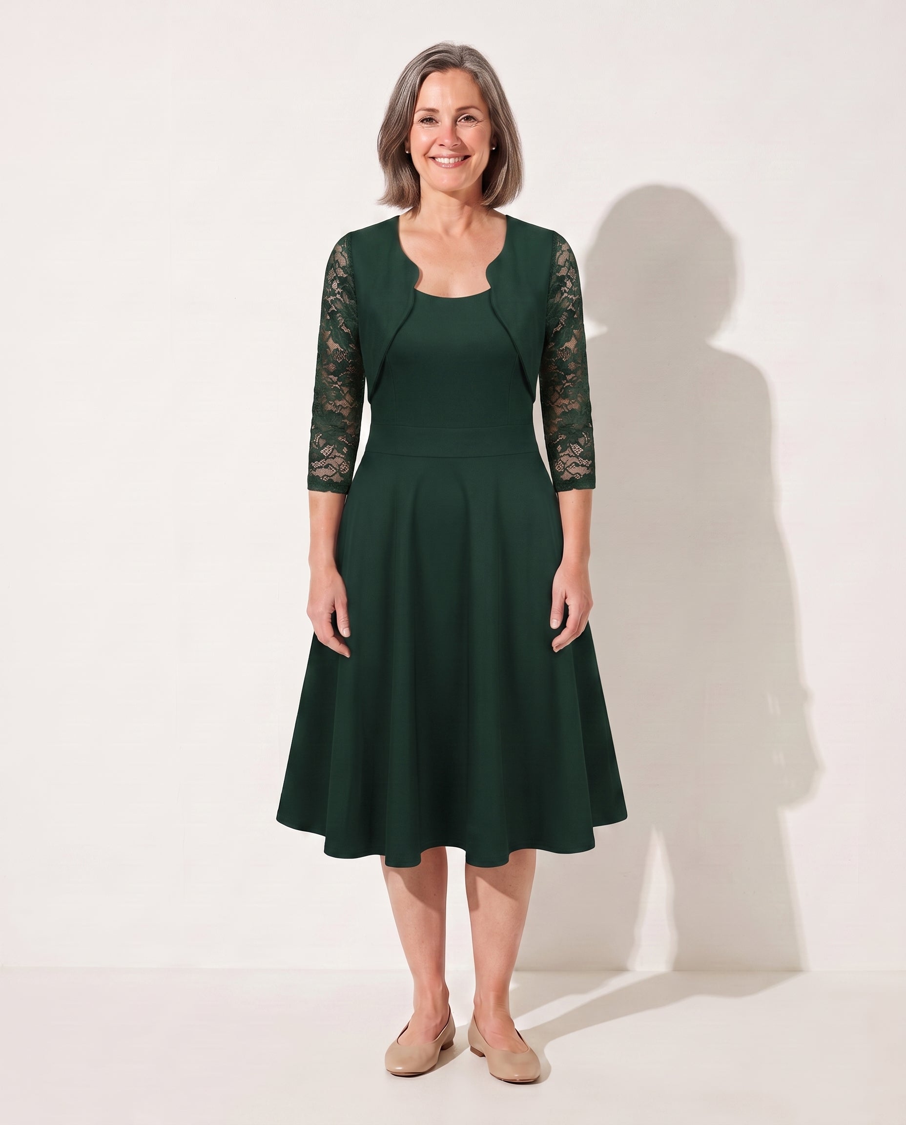 Sabine | Long Sleeve Lace Midi Wedding Guest Dresses — Green