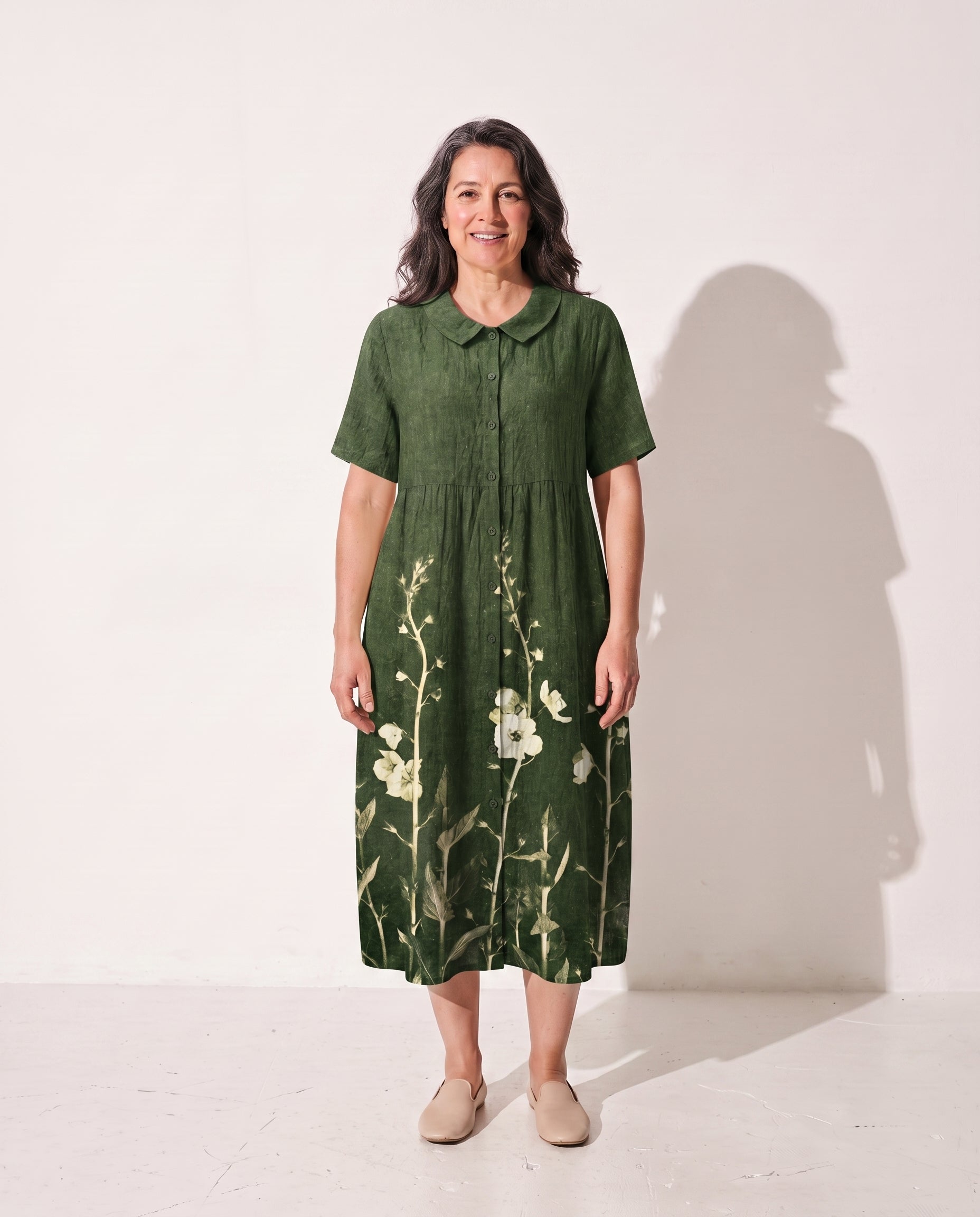 Camille | Long Sleeve Floral Midi Dress For Summer Days — Green