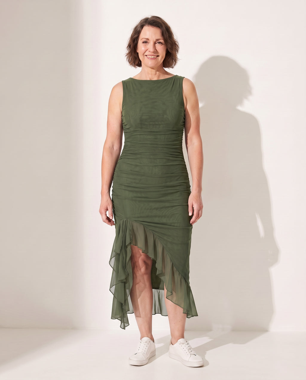 Wilhelmina | Women Ruched Midi Autumn Wedding Guest Dresses — Green