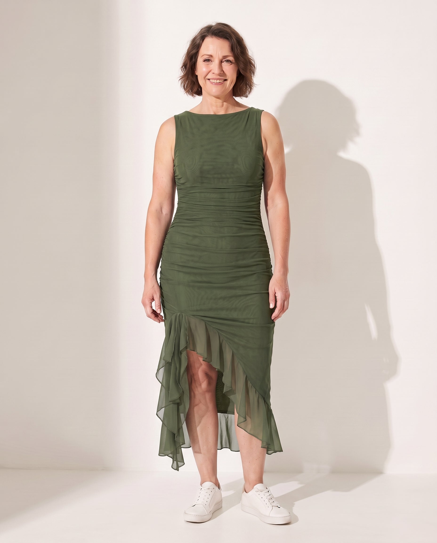 Wilhelmina | Women Ruched Midi Autumn Wedding Guest Dresses — Green