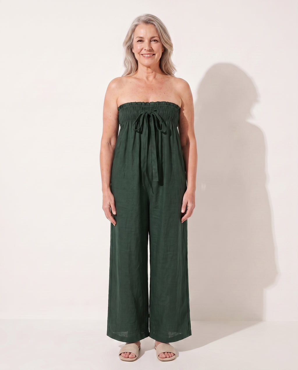 Verena | Strapless Wide Leg Linen Bandeau Jumpsuit — Green