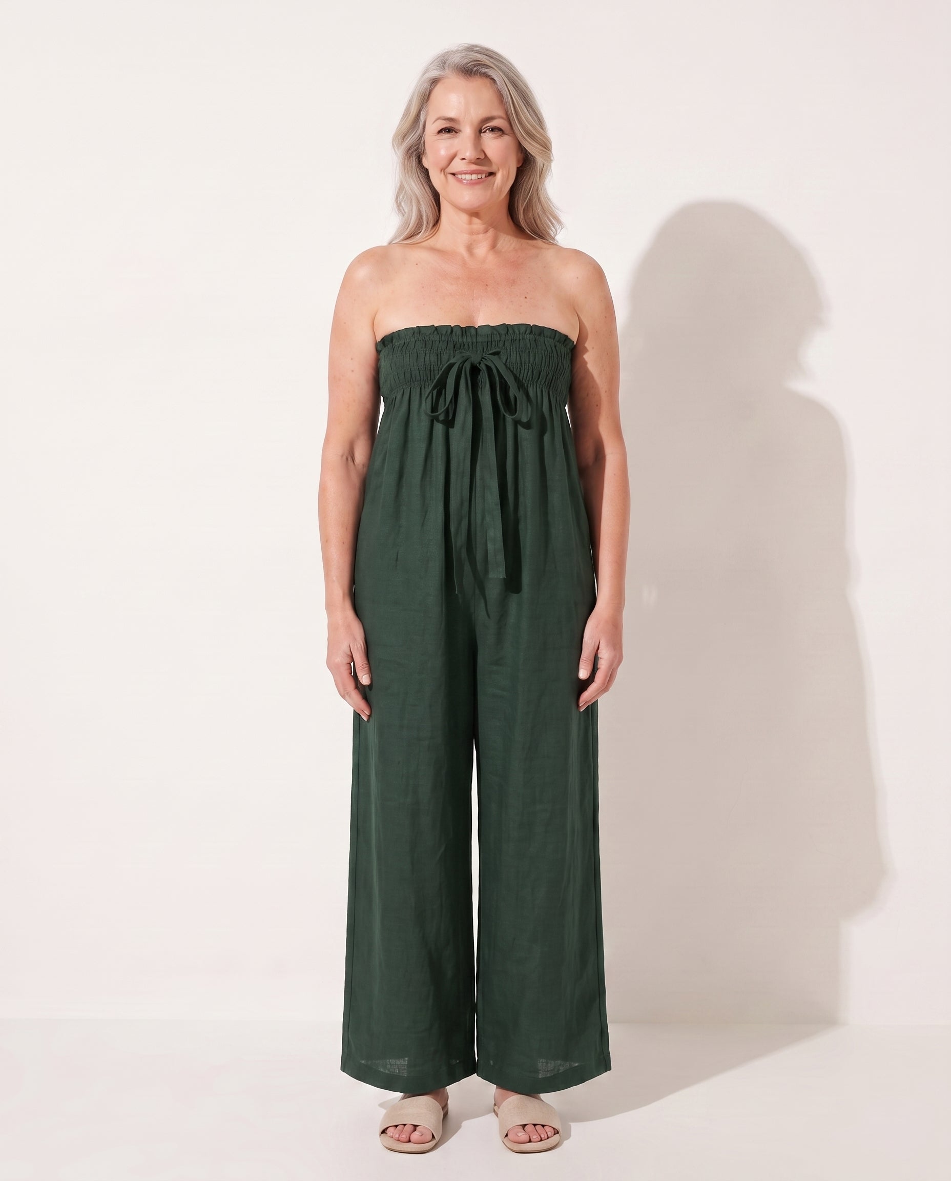 Verena | Strapless Wide Leg Linen Bandeau Jumpsuit — Green